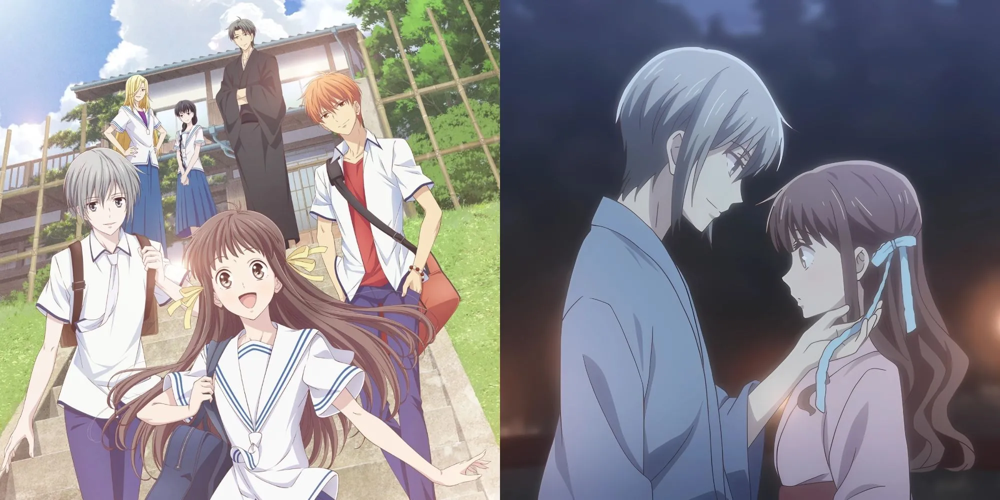 Tohru Honda cùng các thành viên nhà Soma trong Fruits Basket (phiên bản 2019), bối cảnh gia đình ấm áp, biểu tượng cho sự chữa lành