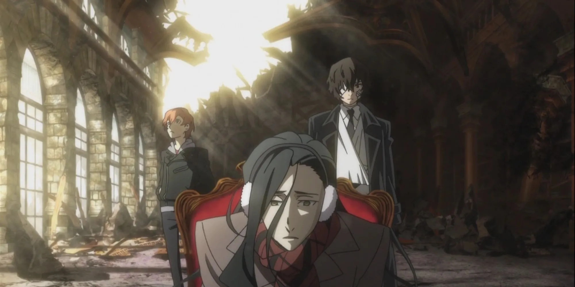 Trận chiến giữa Chuuya Nakahara và Osamu Dazai từ Port Mafia trong Bungo Stray Dogs.