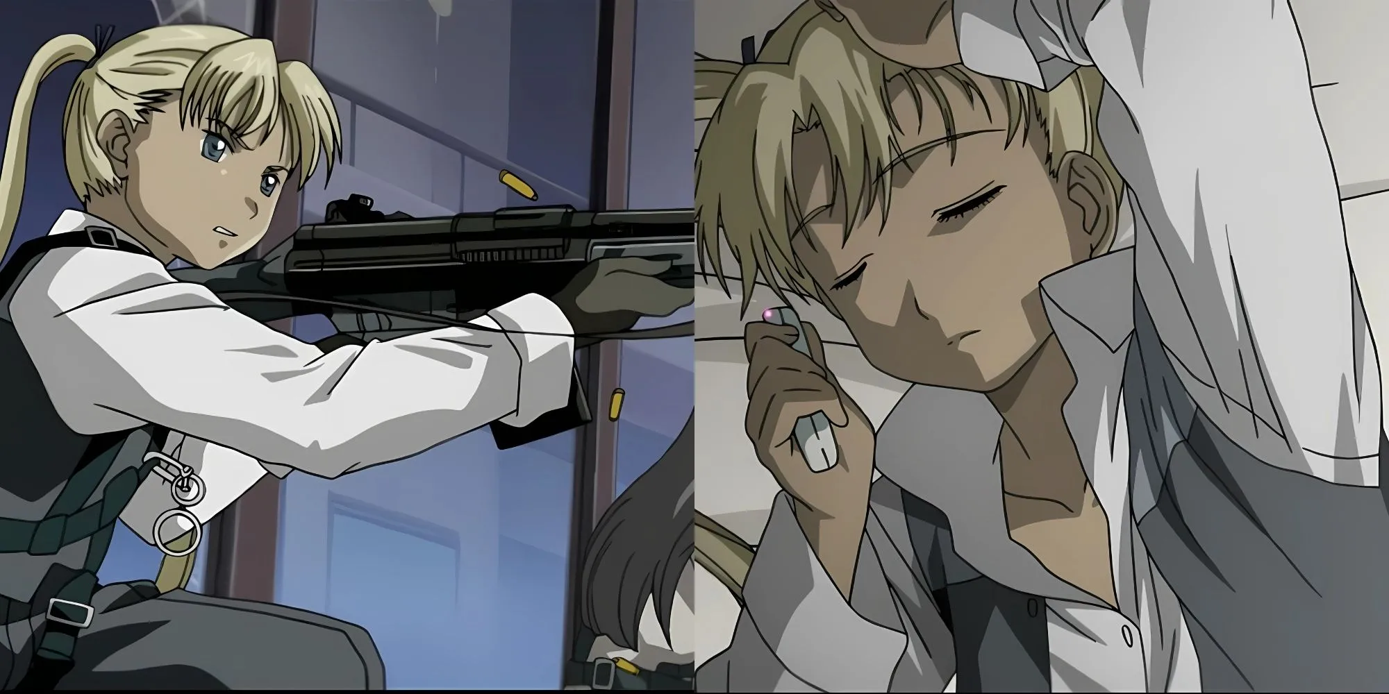 Triela với mái tóc nâu ngắn cầm khẩu SPAS-12 trong anime Gunslinger Girl