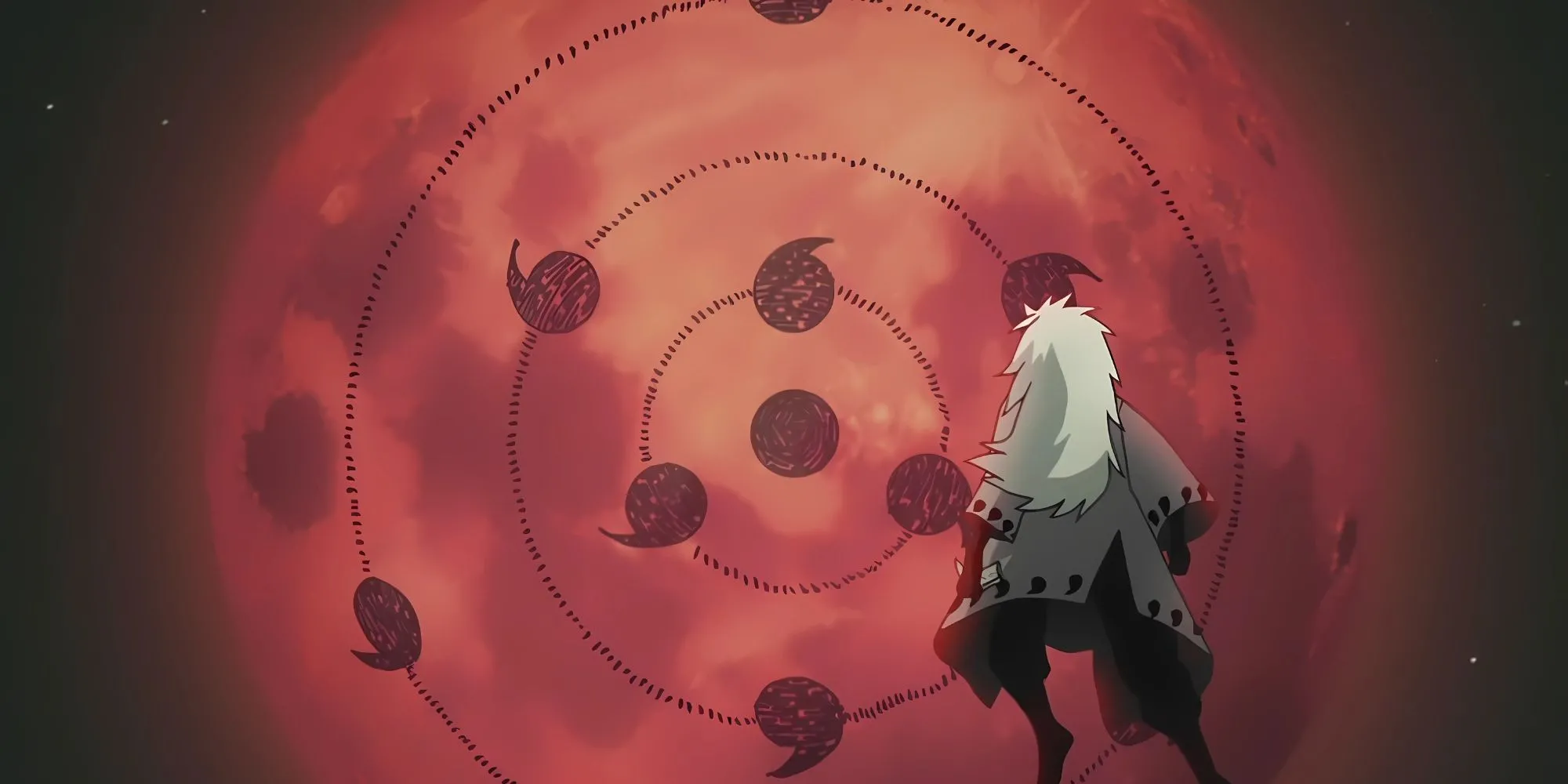Uchiha Madara kích hoạt Nhãn Thuật Vô Hạn (Infinite Tsukuyomi) trong Naruto Shippuden.