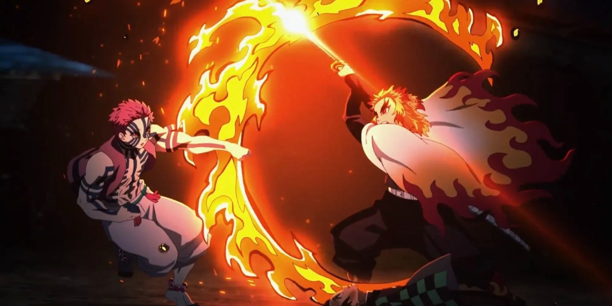 Viêm Trụ Rengoku Kyojuro đối mặt với Thượng Huyền Tam Akaza trên Chuyến Tàu Vô Tận