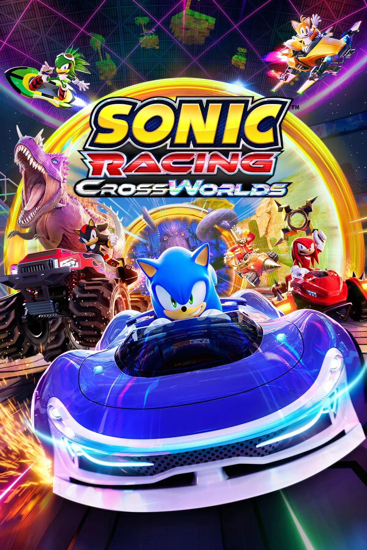 Ảnh bìa chính thức của game Sonic Racing: CrossWorlds, với Sonic và các nhân vật đang đua trên đường đua liên chiều.