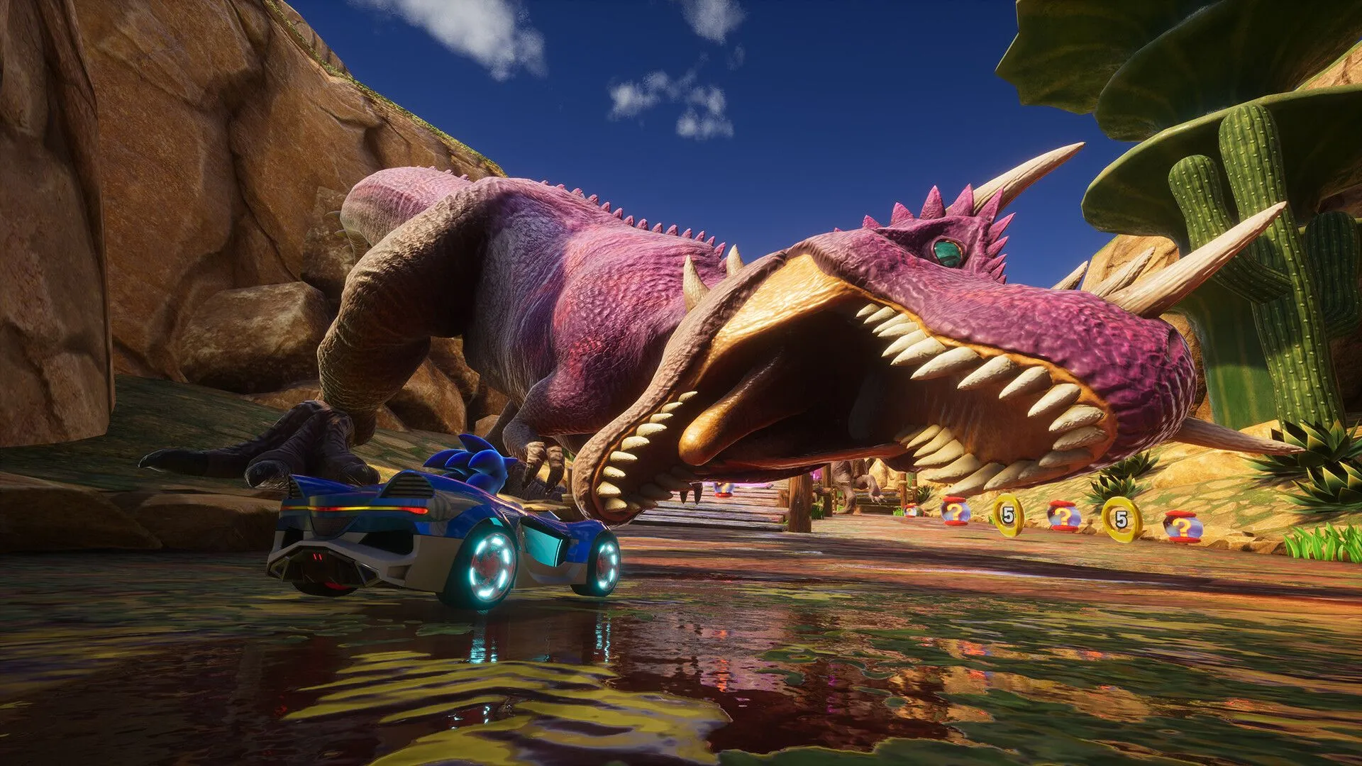 Cảnh đua xe tốc độ cao của Sonic và bạn bè trong môi trường đa chiều của Sonic Racing CrossWorlds.