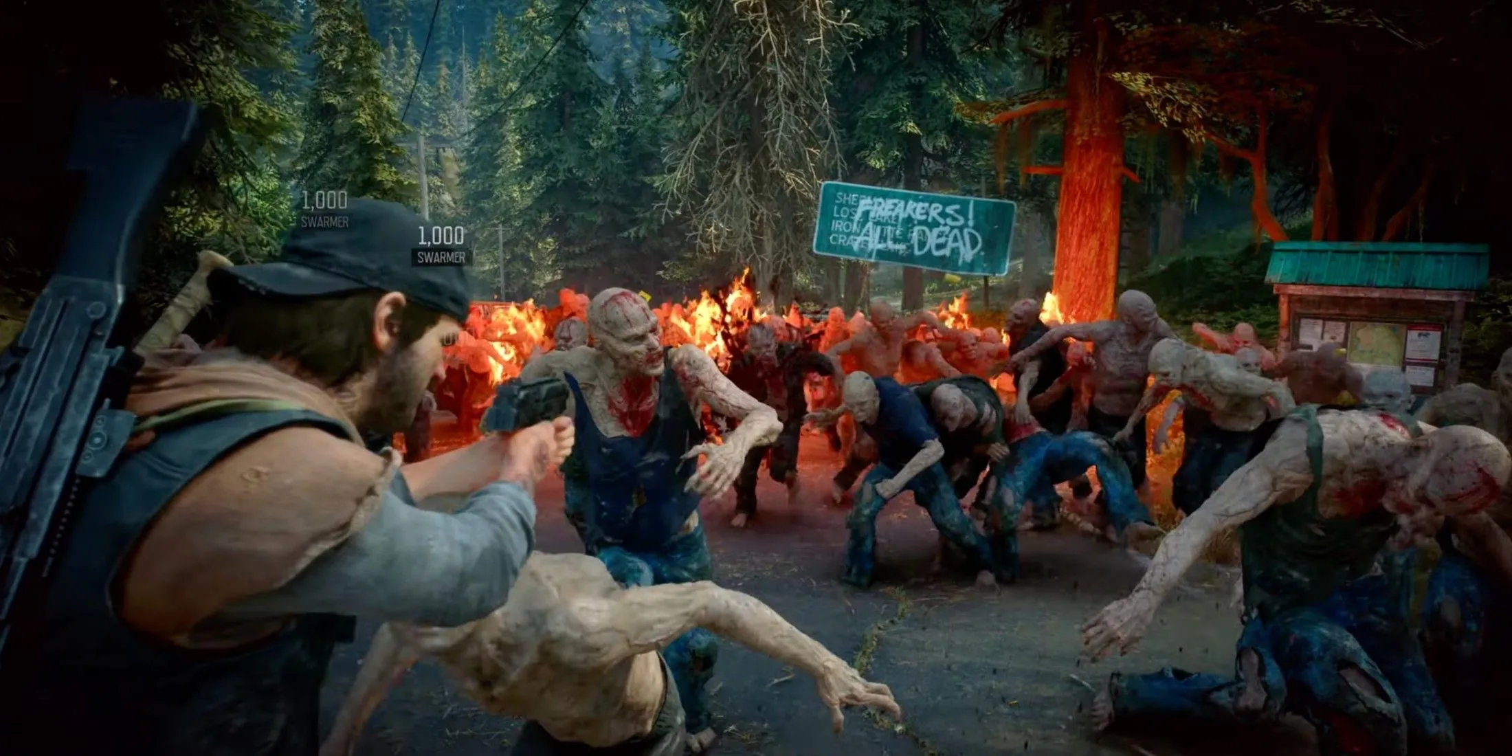 Chế độ Horde Assault mới trong Days Gone Remastered, nơi Deacon đối mặt với đàn Freaker khổng lồ.