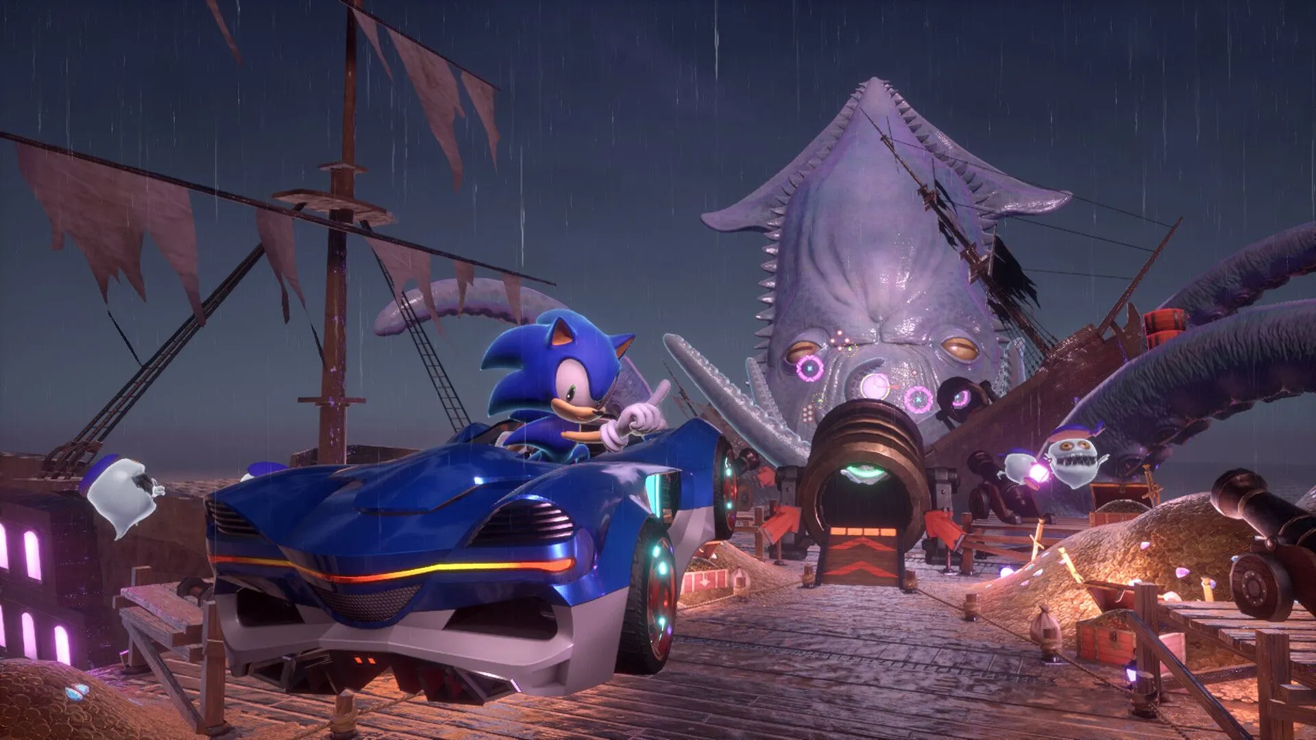 Đội đua Sonic cùng xe Beast Spike của Werehog trên một đường đua độc đáo trong Sonic Racing CrossWorlds, minh họa sự đa dạng đường đua.