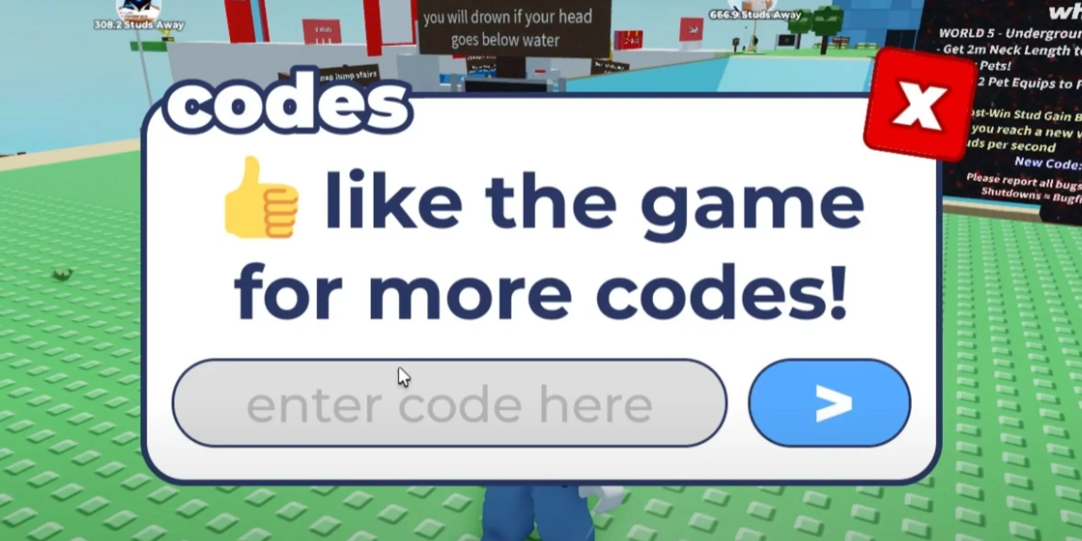 Giao diện tab &quot;Codes&quot; trong Every Second Your Neck Grows, nơi người chơi nhập mã để nhận phần thưởng tăng trưởng cổ