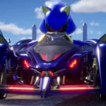 Metal Sonic với các tùy chỉnh xe và tiện ích trong Sonic Racing CrossWorlds, thể hiện tính năng tùy biến sâu sắc.