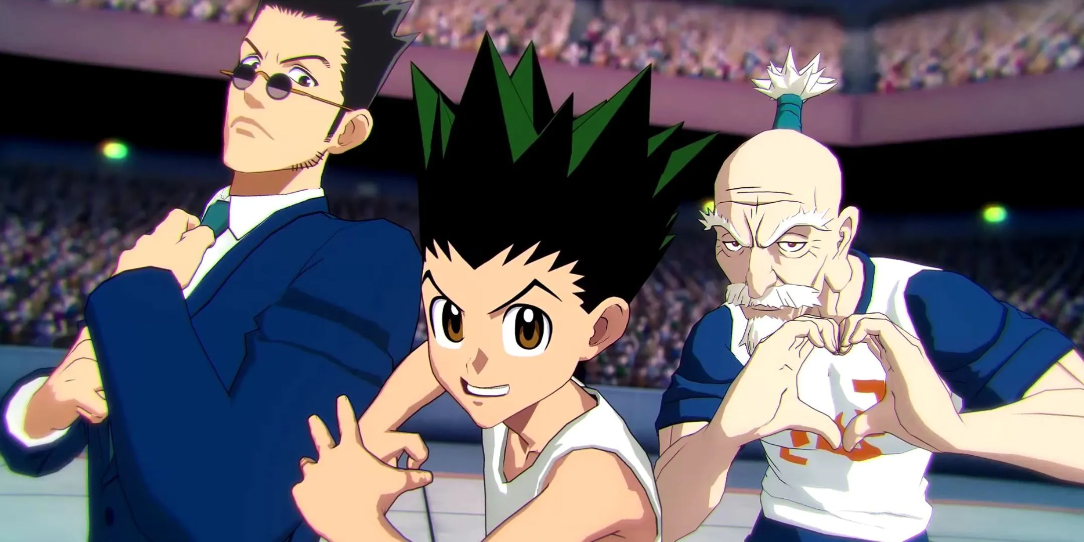 Ba nhân vật Leorio, Gon và Isaac trong một pha giao đấu tốc độ cao của Hunter x Hunter Nen x Impact, minh họa cho cơ chế chiến đấu tag-fighting xuất sắc của Eighting.