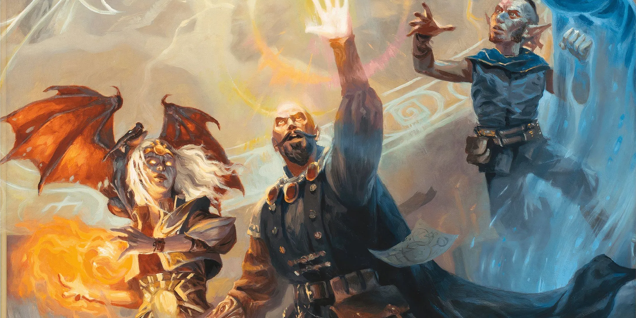 Ba pháp sư cấp cao từ thế giới Greyhawk trong Dungeons & Dragons đang đối thoại, biểu tượng cho quyền năng bị tước bỏ khi cấm phép thuật