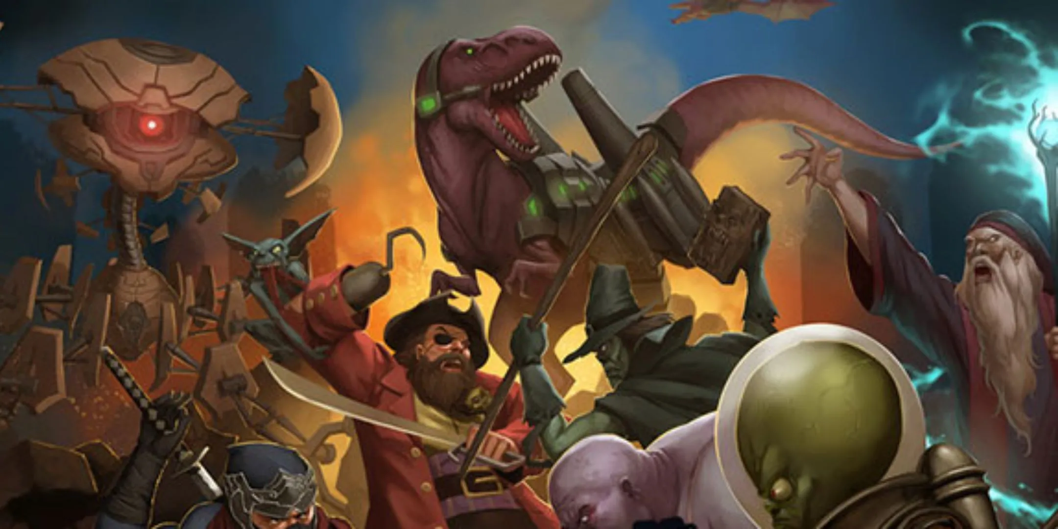 Bìa game Smash Up với các phe phái đa dạng như cướp biển, khủng long, người ngoài hành tinh đối đầu, thể hiện sự kết hợp độc đáo của các bộ bài