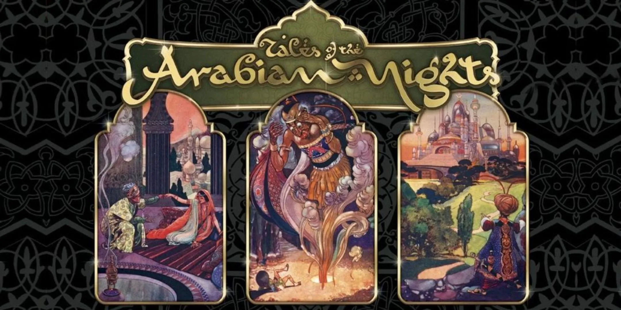 Bìa hộp game Tales of the Arabian Nights với hình ảnh lấy cảm hứng từ Nghìn Lẻ Một Đêm, tập trung vào yếu tố kể chuyện và phiêu lưu
