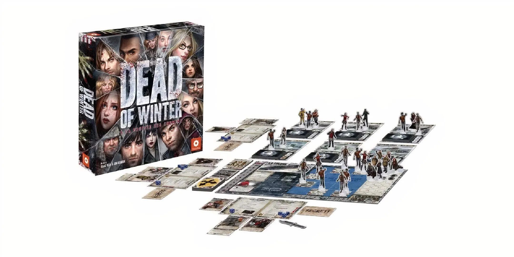 Bìa và bàn chơi Dead of Winter với các quân và thẻ bài, minh họa sự gián đoạn của những câu hỏi bất ngờ trong lúc giải thích luật