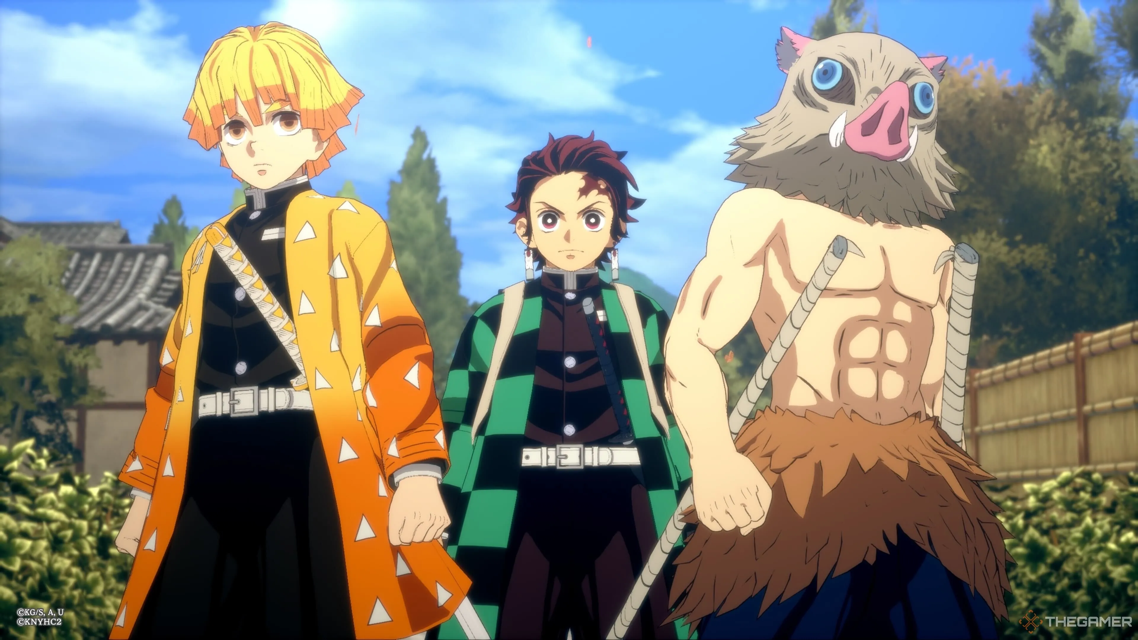 Bộ ba Tanjiro, Zenitsu và Inosuke trong trận chiến ác liệt ở Demon Slayer: The Hinokami Chronicles 2, thể hiện sự phát triển nhân vật qua các arc.