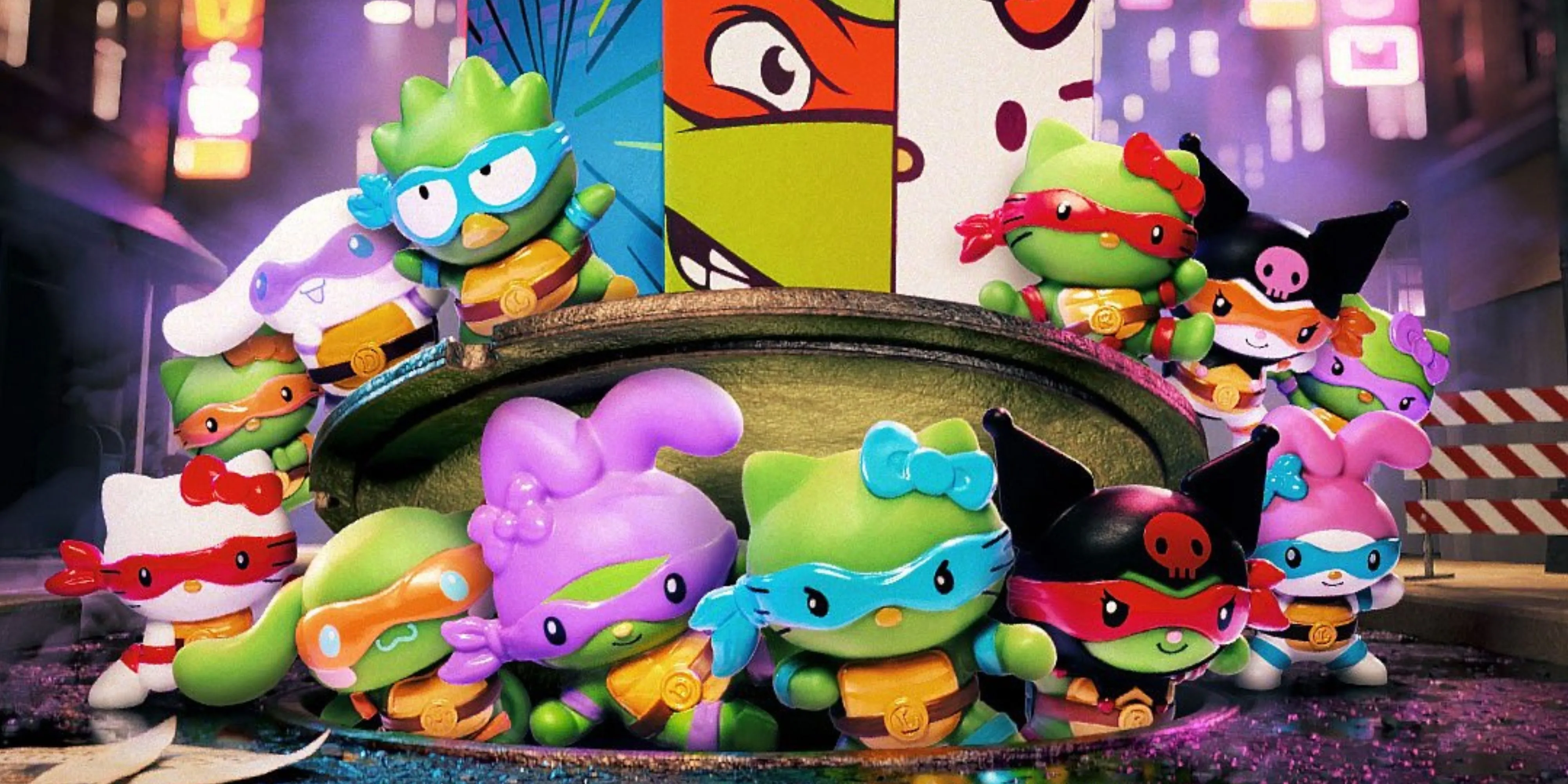 Bộ đồ chơi Happy Meal McDonald's Hello Kitty và Teenage Mutant Ninja Turtles, giới thiệu các nhân vật Sanrio trong tạo hình Ninja Rùa và ngược lại.