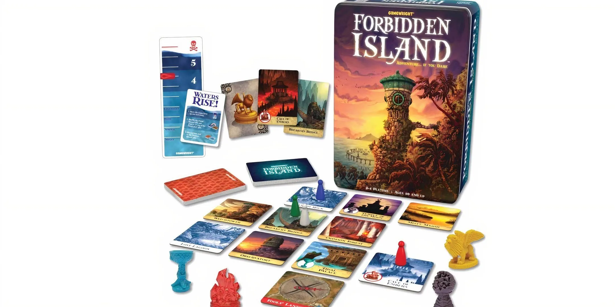Các mảnh ghép và hộp game Forbidden Island, cho thấy hòn đảo đang chìm dần và các kho báu cần thu thập