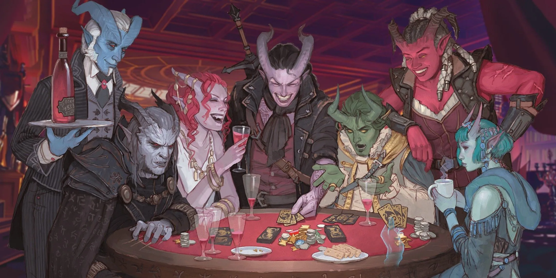 Các Tiefling đang chơi bài, biểu tượng cho những cuộc trò chuyện lạc đề làm gián đoạn trải nghiệm chung trong Dungeons &amp; Dragons