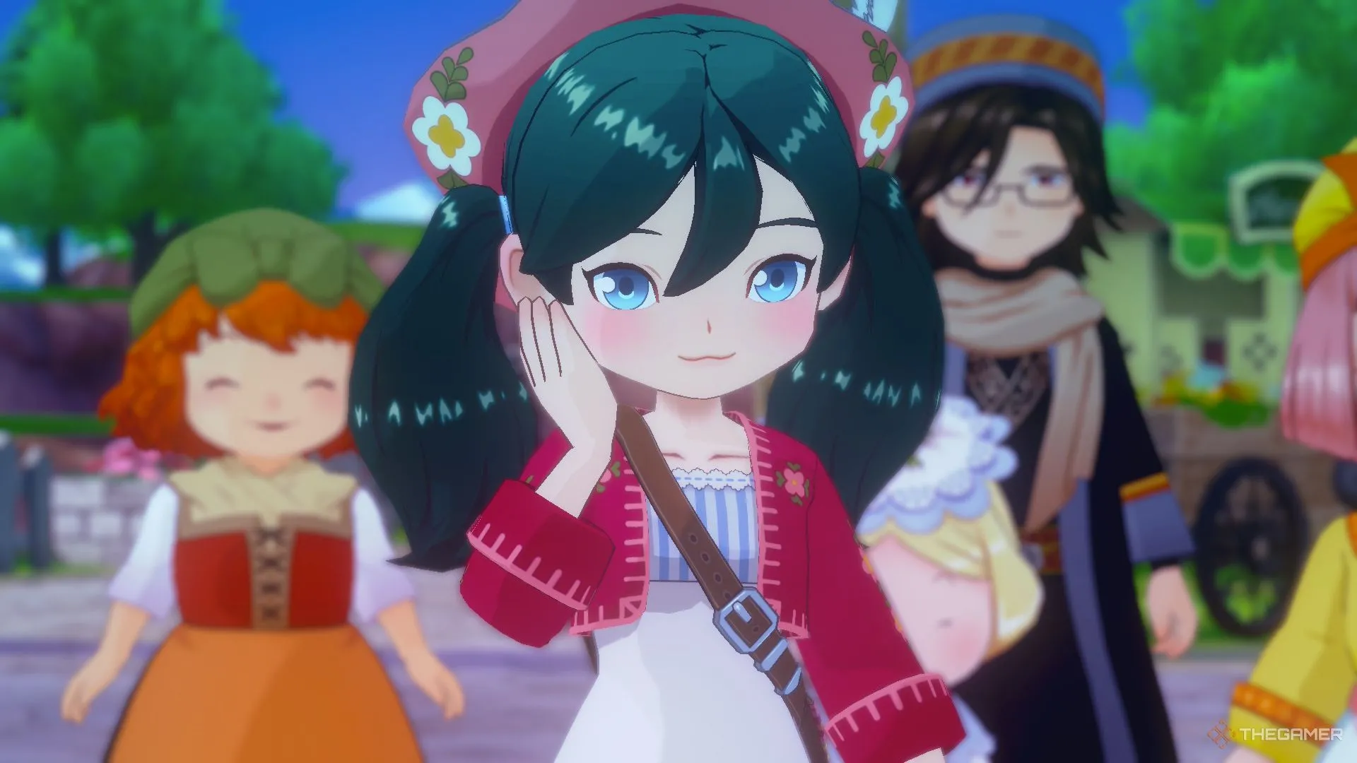 Cận cảnh nhân vật chính của Story of Seasons Grand Bazaar đang đỏ mặt, gợi cảm xúc từ các tương tác xã hội và tình yêu trong game.