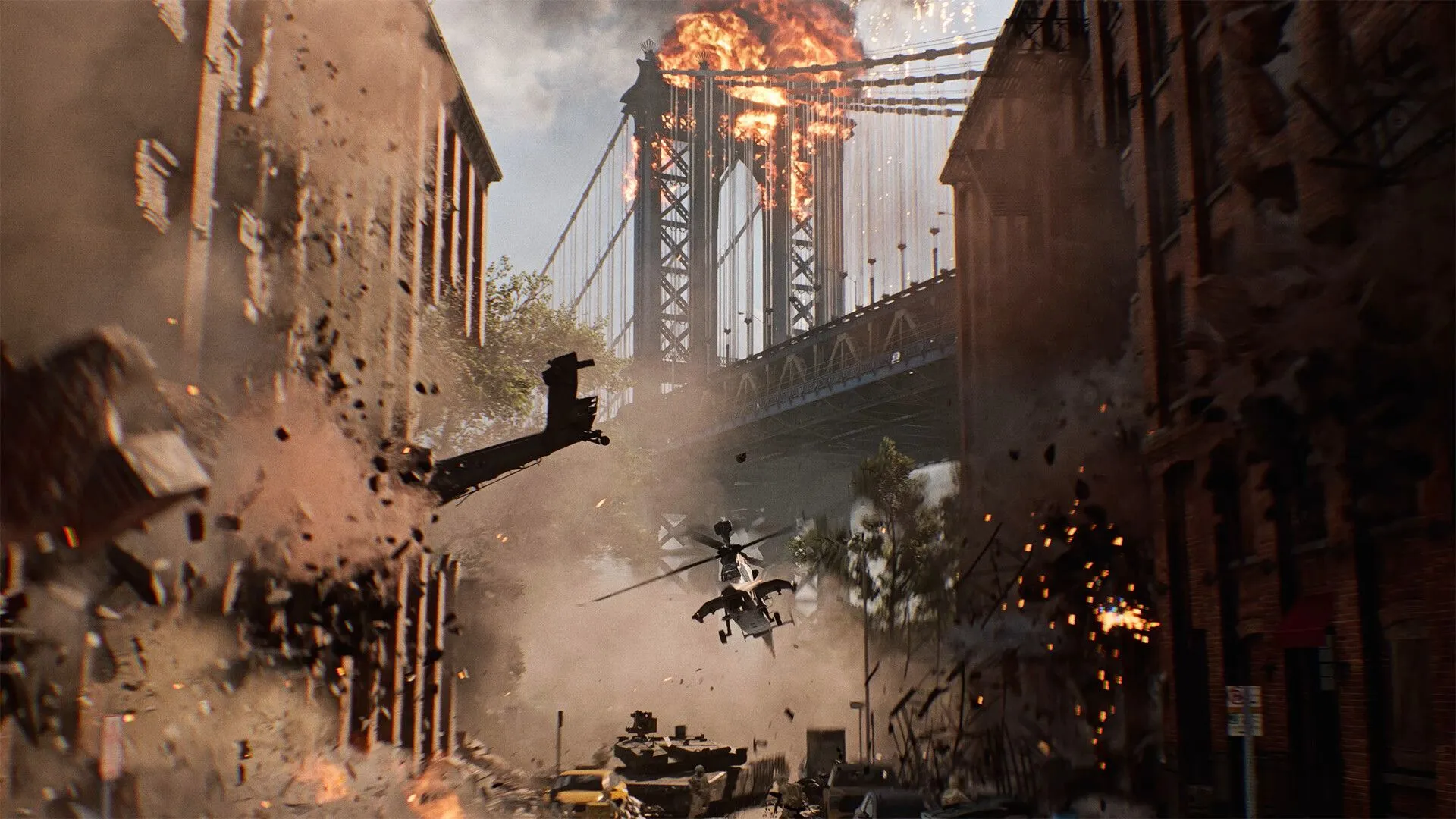 Cảnh chiến đấu quy mô lớn trong Battlefield 6 với nhiều phương tiện và hiệu ứng cháy nổ, minh họa sự hỗn loạn của chiến trường