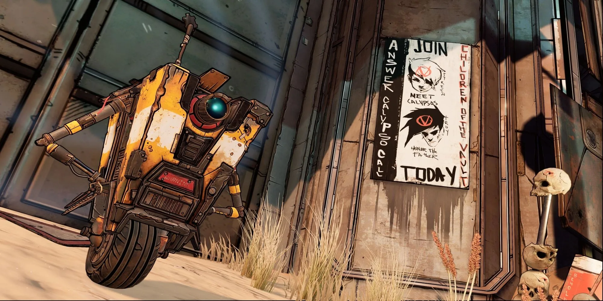 Claptrap, biểu tượng hài hước của Borderlands, đứng trước cánh cổng bị khóa.