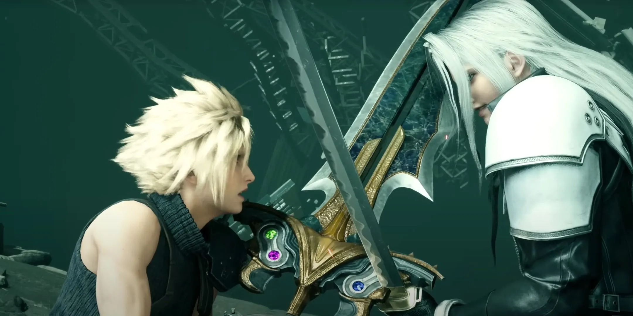 Cloud Strife đối đầu Sephiroth trong Final Fantasy 7 Remake, tượng trưng cho việc ám ảnh một mục tiêu cá nhân có thể nuốt chửng và bỏ bê các mối quan hệ tình cảm.