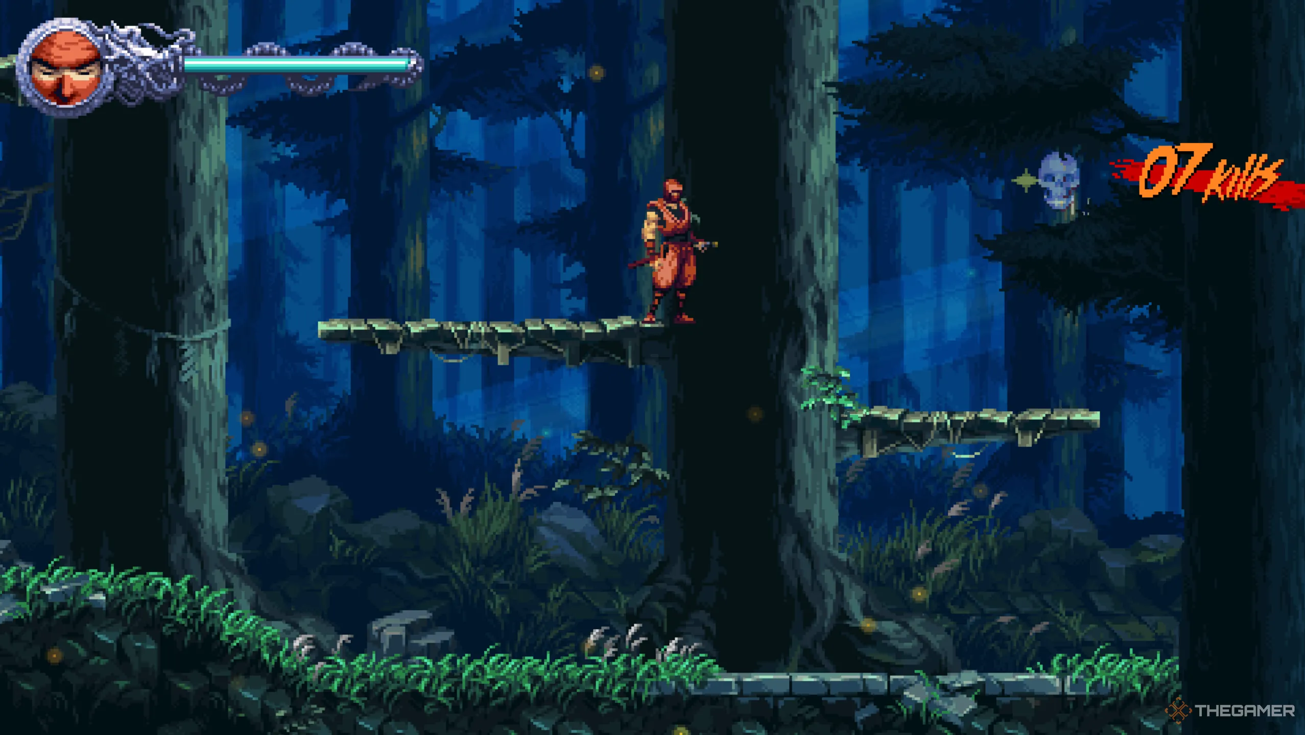 Đầu Lâu Pha Lê thứ ba ẩn sau cành cây, được bảo vệ bởi một Samurai trong Ninja Gaiden Ragebound.