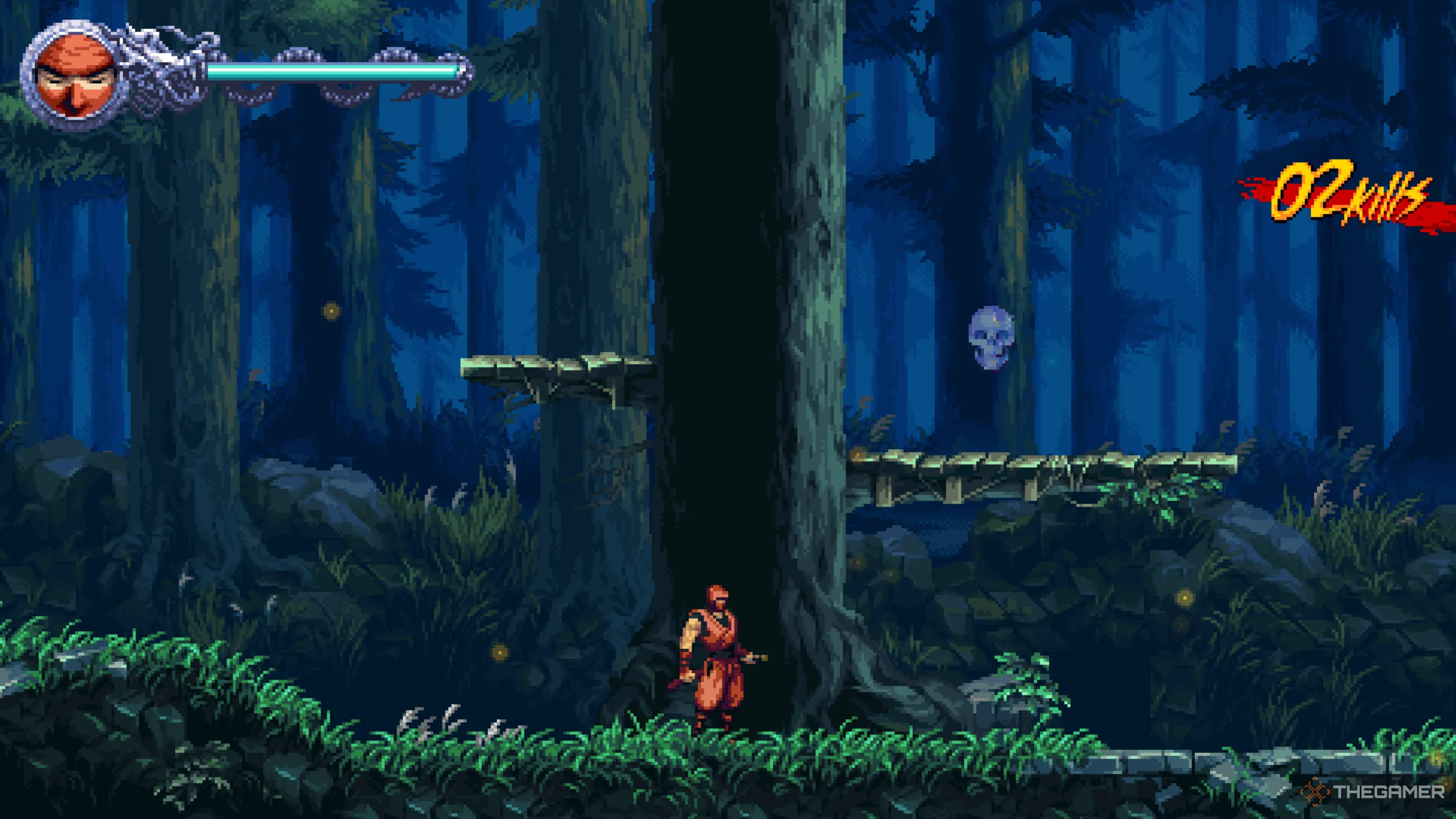 Đầu Lâu Pha Lê thứ hai nằm trên bệ cao khi Ryu đối mặt với kẻ thù Samurai trong Ninja Gaiden Ragebound.