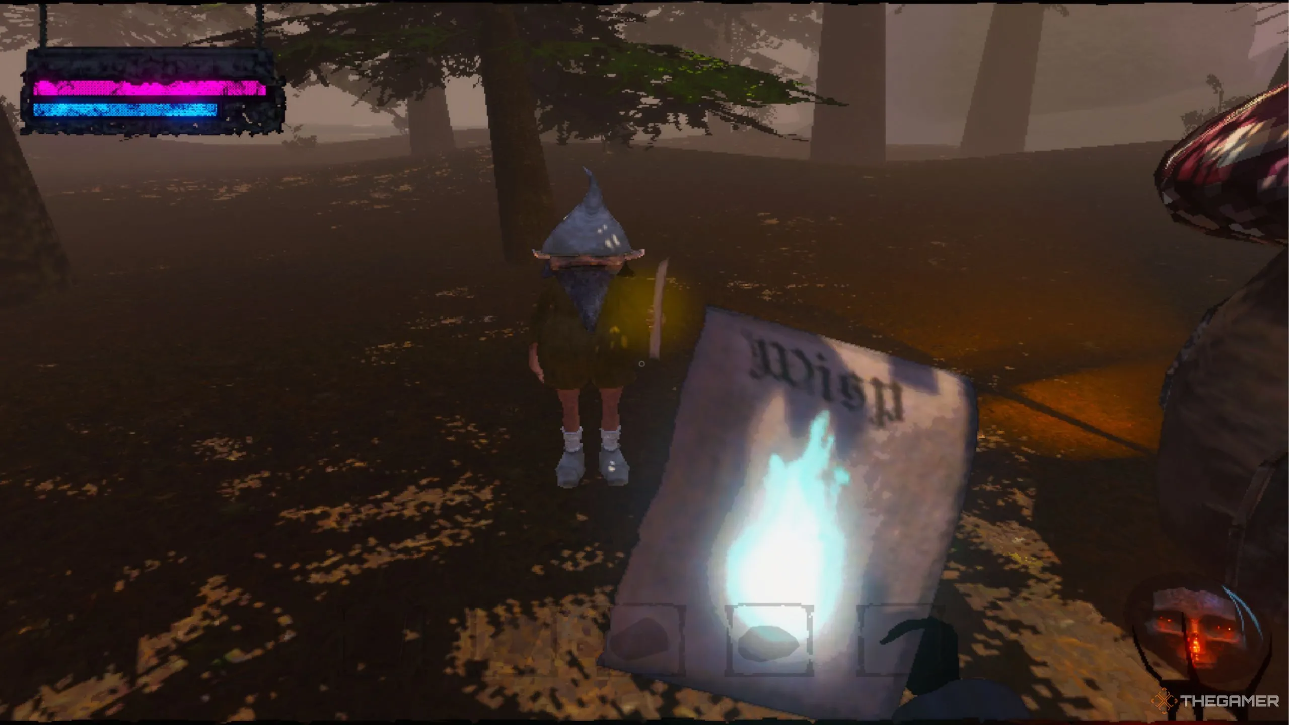 Game thủ giao dịch sách phép với gnome thương nhân trong khu rừng Mage Arena