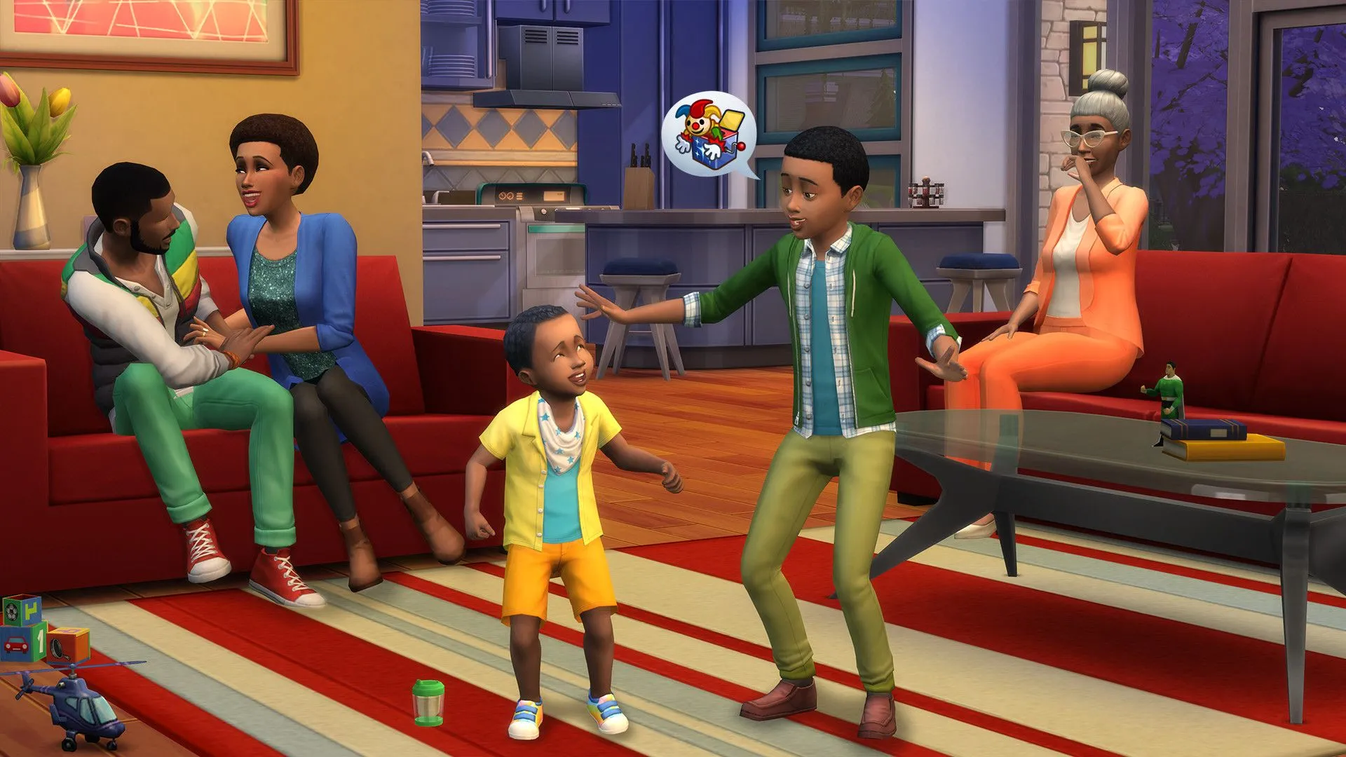 Gia đình Sims 4 đang trò chuyện trong một ngôi nhà được xây dựng và trang trí tỉ mỉ bởi người chơi.