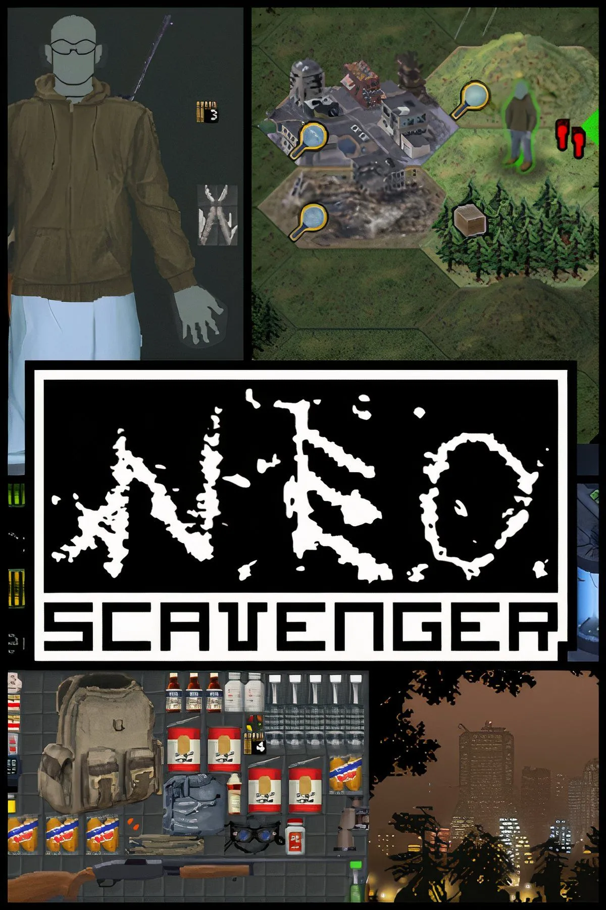 Giao diện bản đồ và hệ thống thông tin của NEO Scavenger, thể hiện sự phức tạp của một trò chơi sinh tồn roguelike dựa trên văn bản