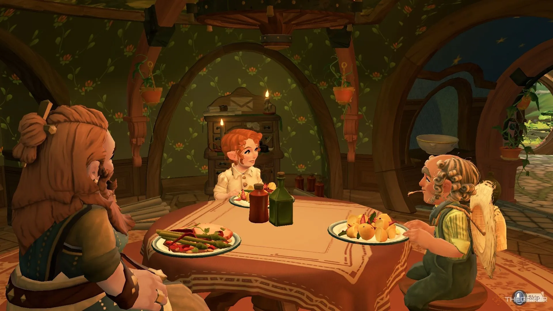 Giao lưu bữa ăn thân mật cùng hai Hobbit và một người lùn tại Bywater trong Tales Of The Shire, minh họa cơ chế kết nối cộng đồng.