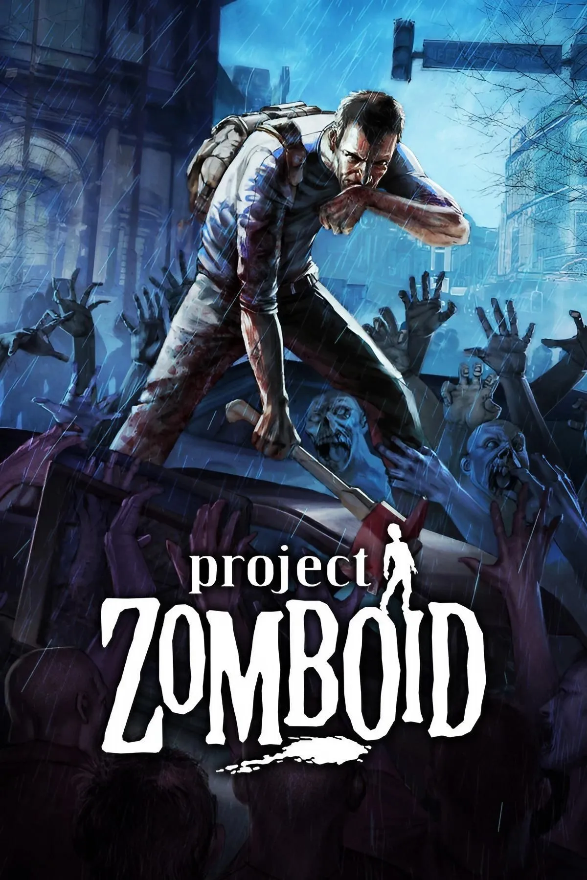 Góc nhìn isometric của Project Zomboid với nhân vật đang chiến đấu chống lại zombie trong một môi trường hậu tận thế, nhấn mạnh yếu tố quản lý chấn thương và tâm lý