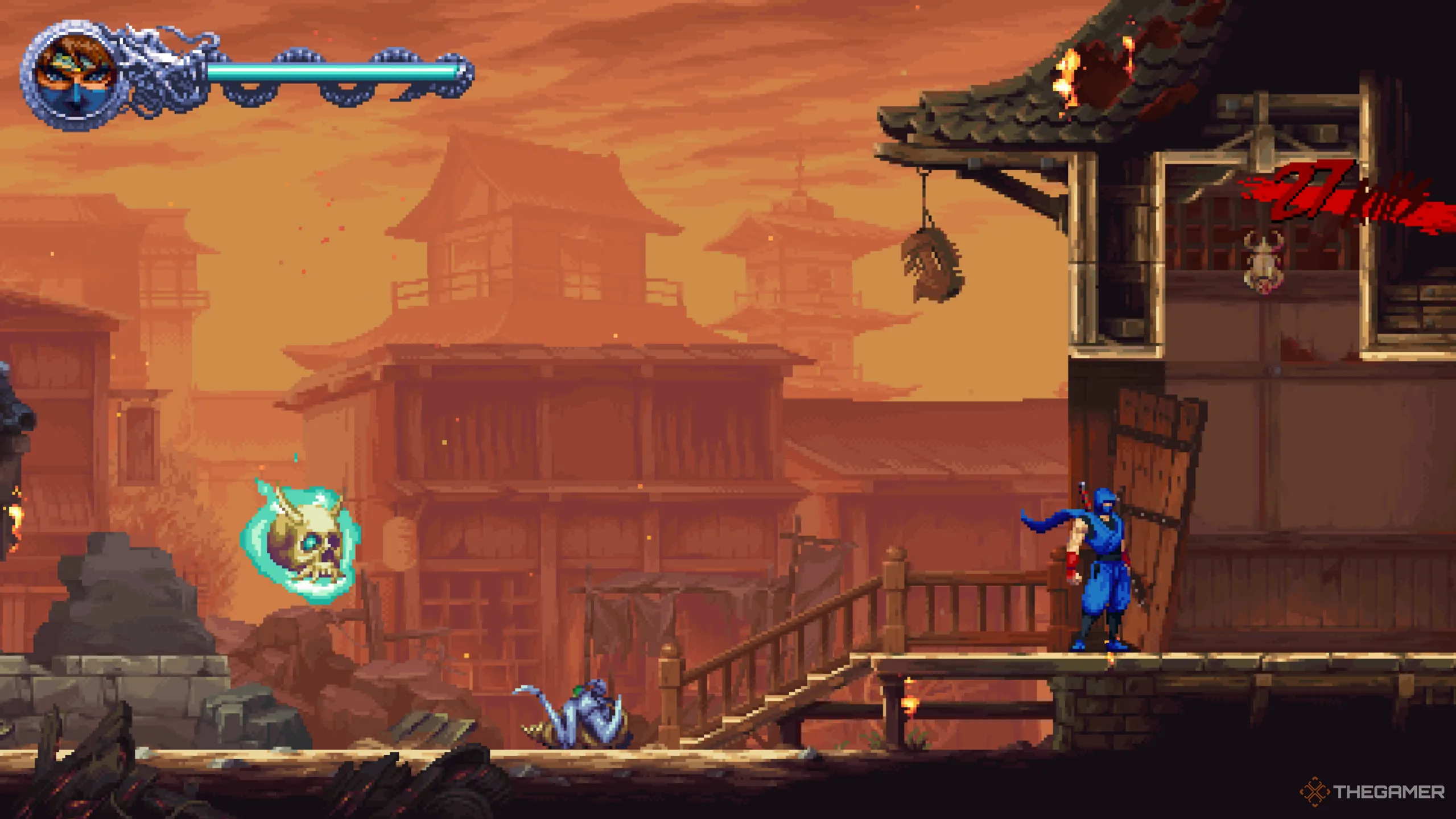 Golden Scarab thứ hai lấp lánh trên mái nhà sau trận mưa thiên thạch, dấu hiệu bí mật ở màn chơi 1-2 Ninja Gaiden: Ragebound.