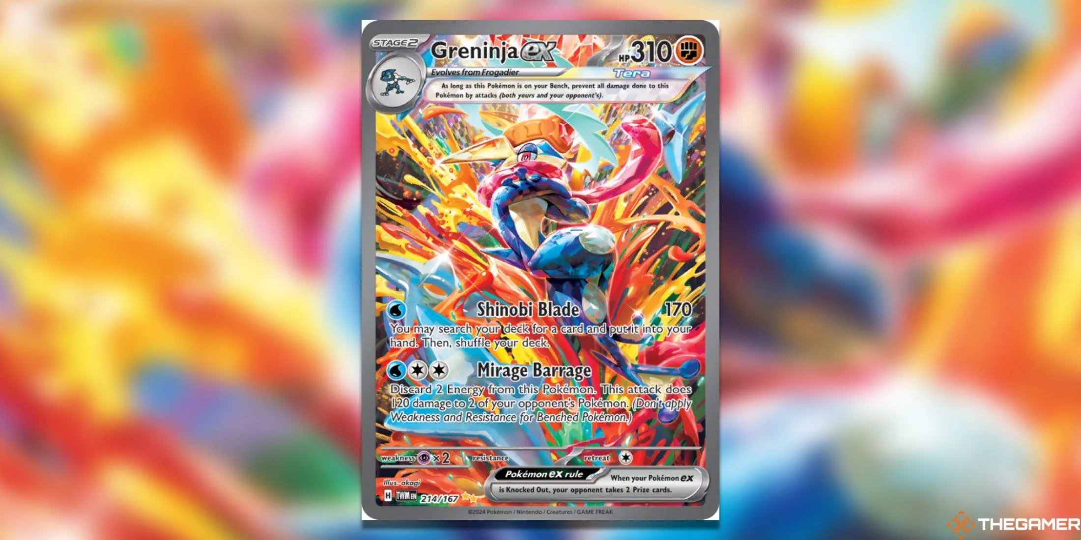 Greninja ex Special Illustration Rare từ Twilight Masquerade, với phong thái dứt khoát và màu sắc rực rỡ, thể hiện sự bền bỉ của một biểu tượng được cộng đồng game thủ yêu mến.