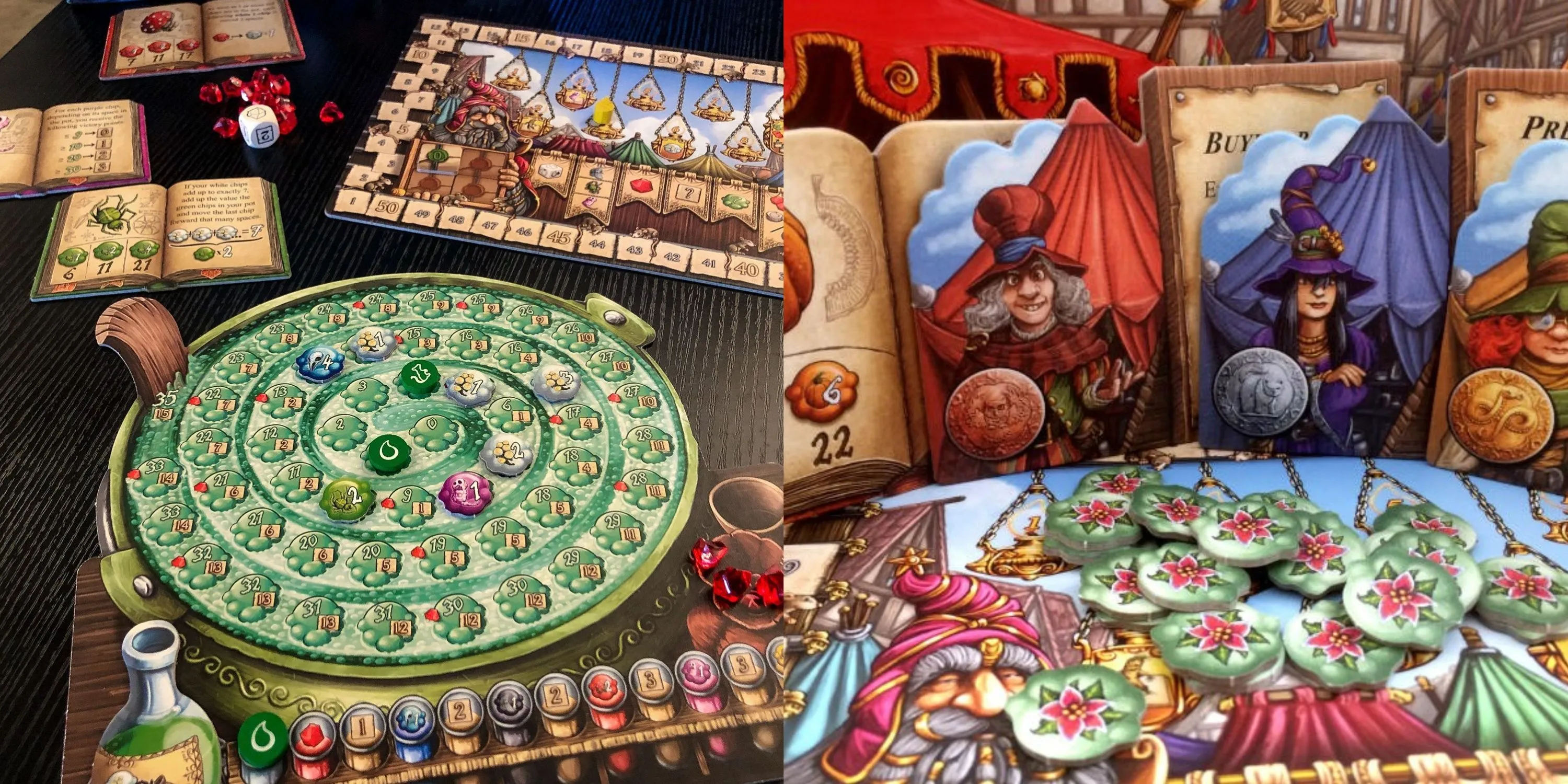 Hai góc nhìn về game Quacks of Quedlinburg, hiển thị các viên chip và nồi đun thuốc