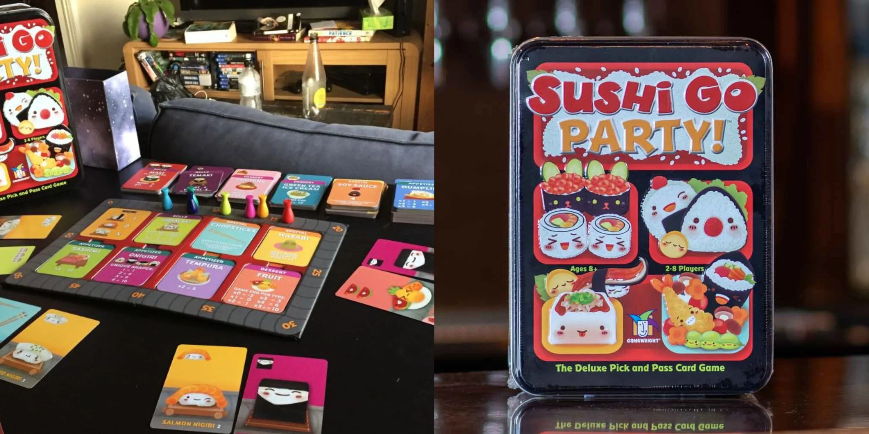 Hai góc nhìn về game Sushi Go Party, với nhiều loại thẻ sushi