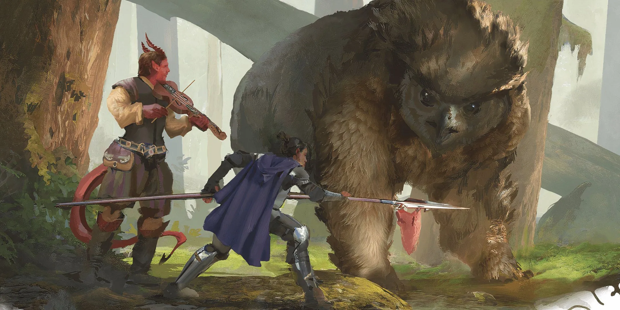 Hai nhà thám hiểm D&amp;D đối thoại với Owlbear, trong bối cảnh khan hiếm lương thực và thử thách sinh tồn