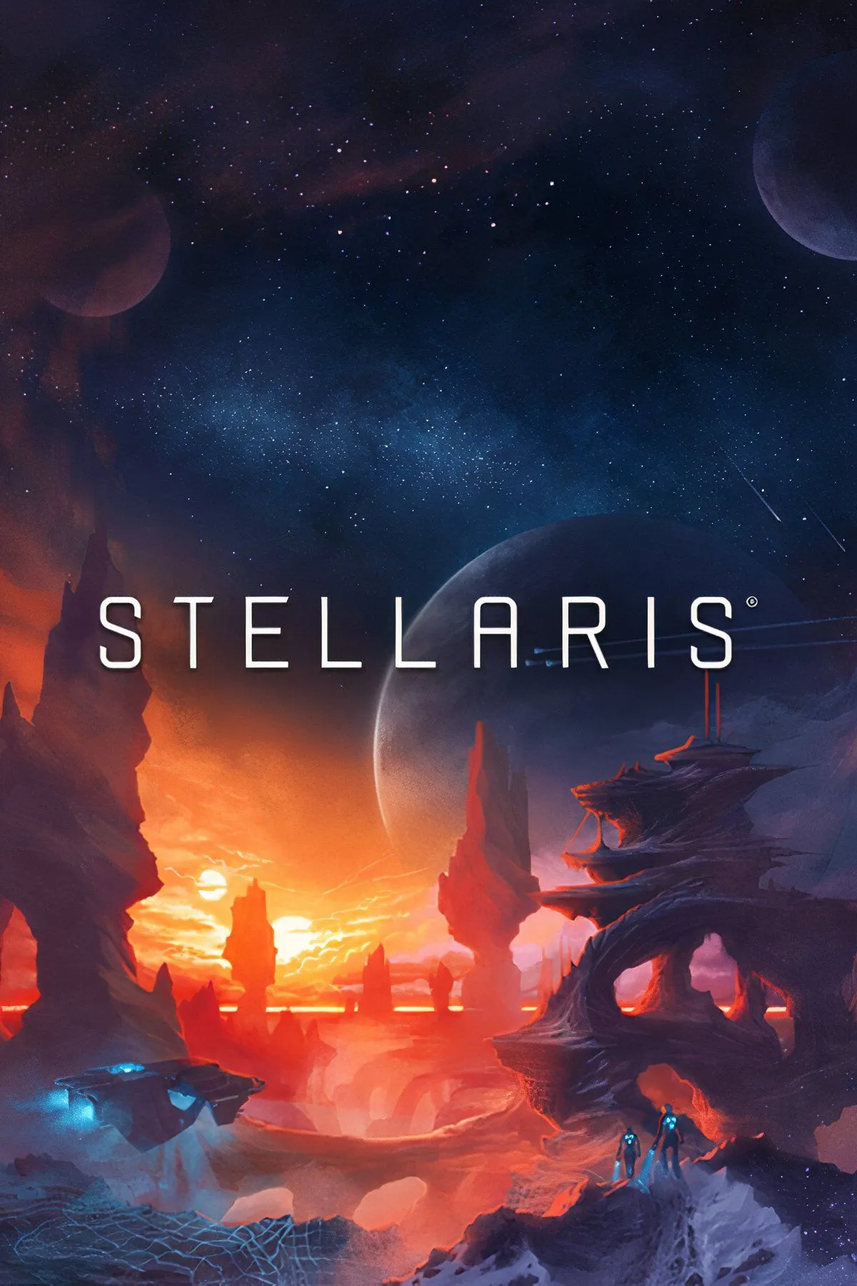 Hạm đội không gian khổng lồ của Stellaris bay qua một hành tinh tuyệt đẹp, thể hiện quy mô và chiều sâu của vũ trụ