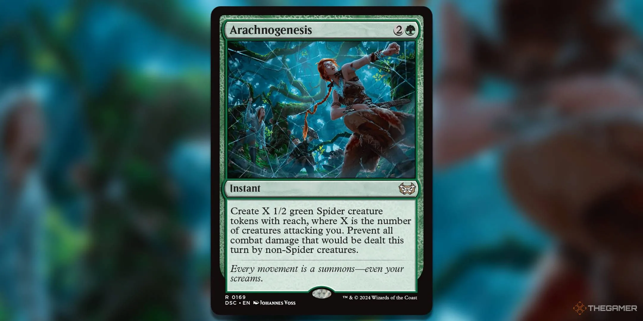 Hình ảnh lá bài Arachnogenesis từ Magic: The Gathering, một phép tức thời tạo token nhện và bảo vệ người chơi.