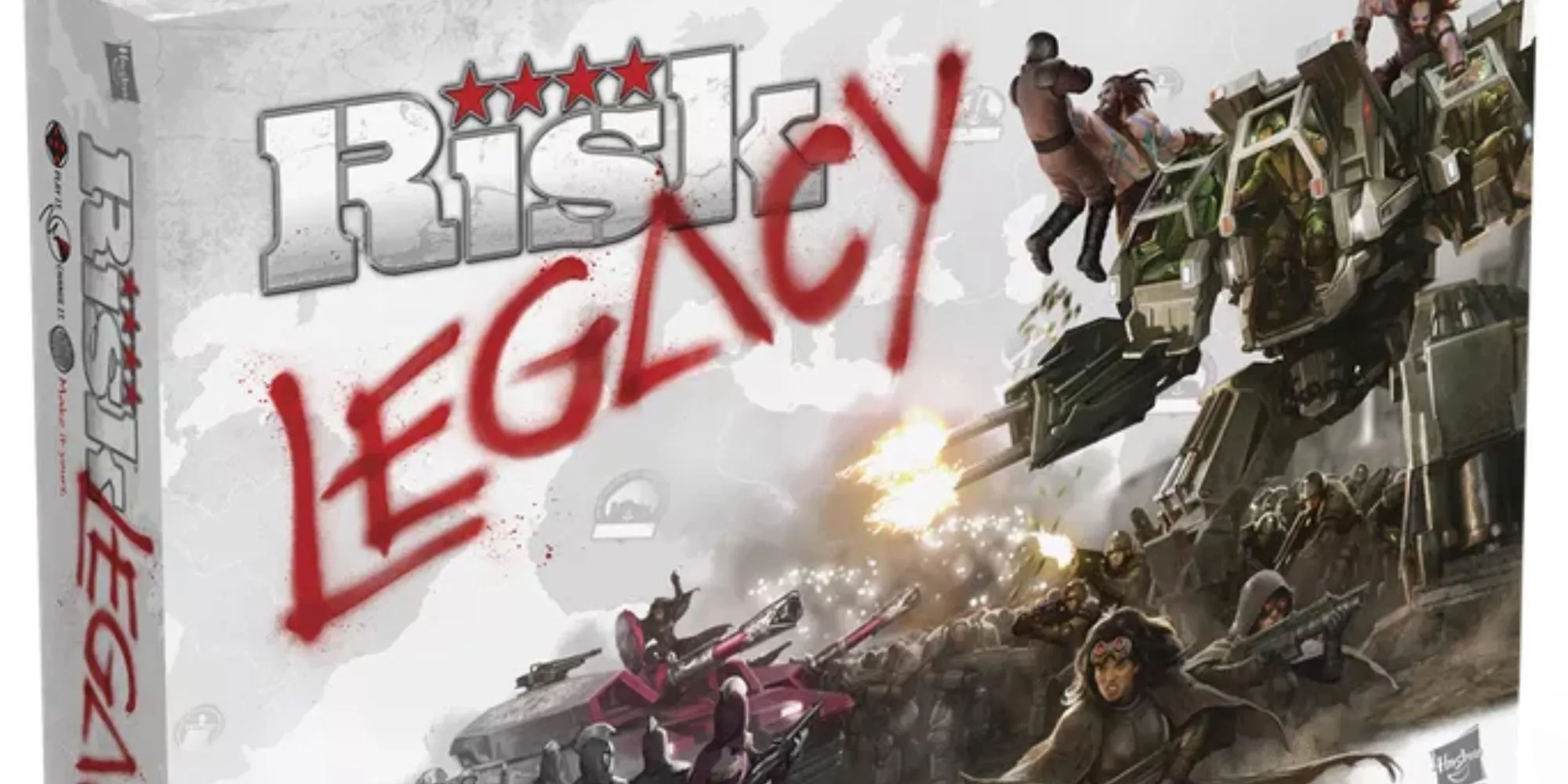 Hộp board game Risk Legacy với hình ảnh robot chiến đấu xé toạc binh lính, thể hiện sự hủy diệt và biến đổi vĩnh viễn trong game