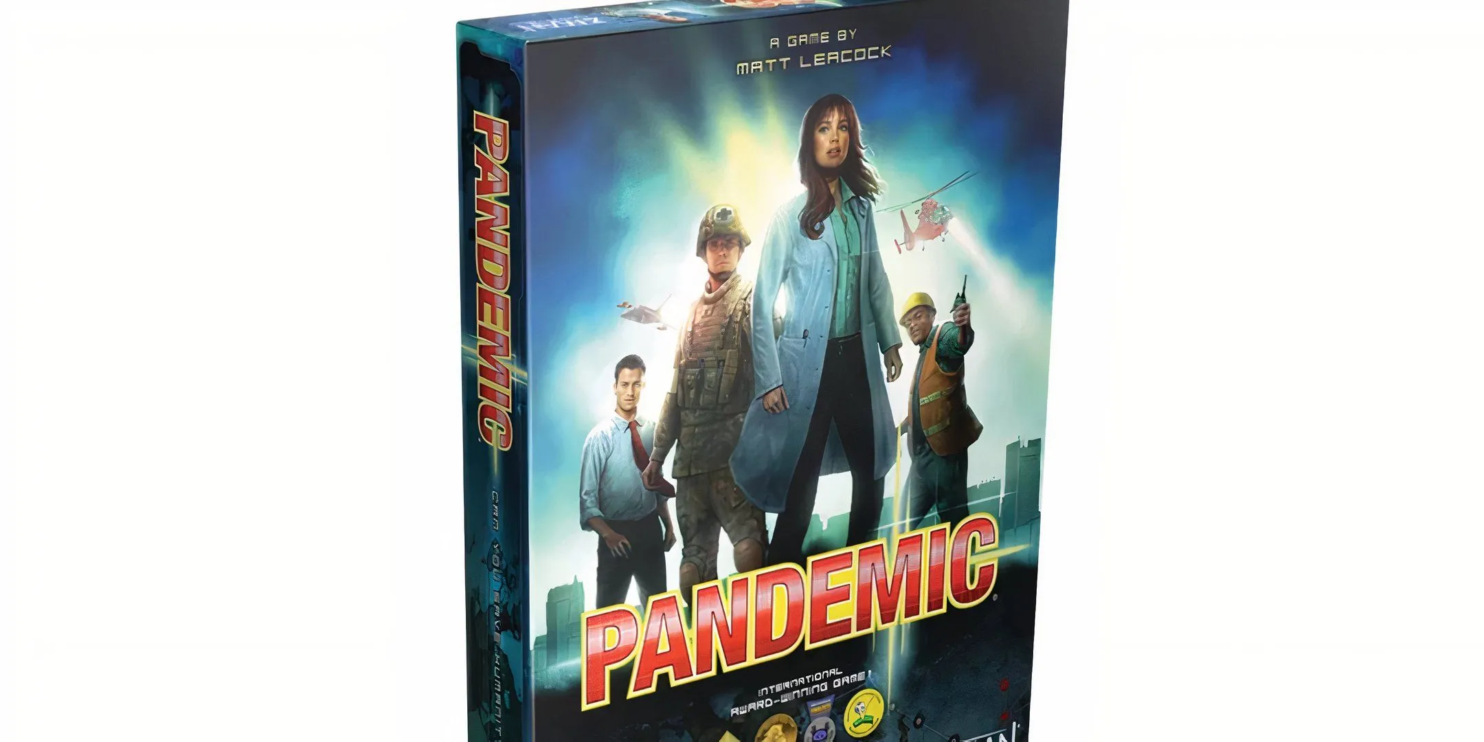 Hộp game board game Pandemic với biểu tượng virus và bản đồ thế giới