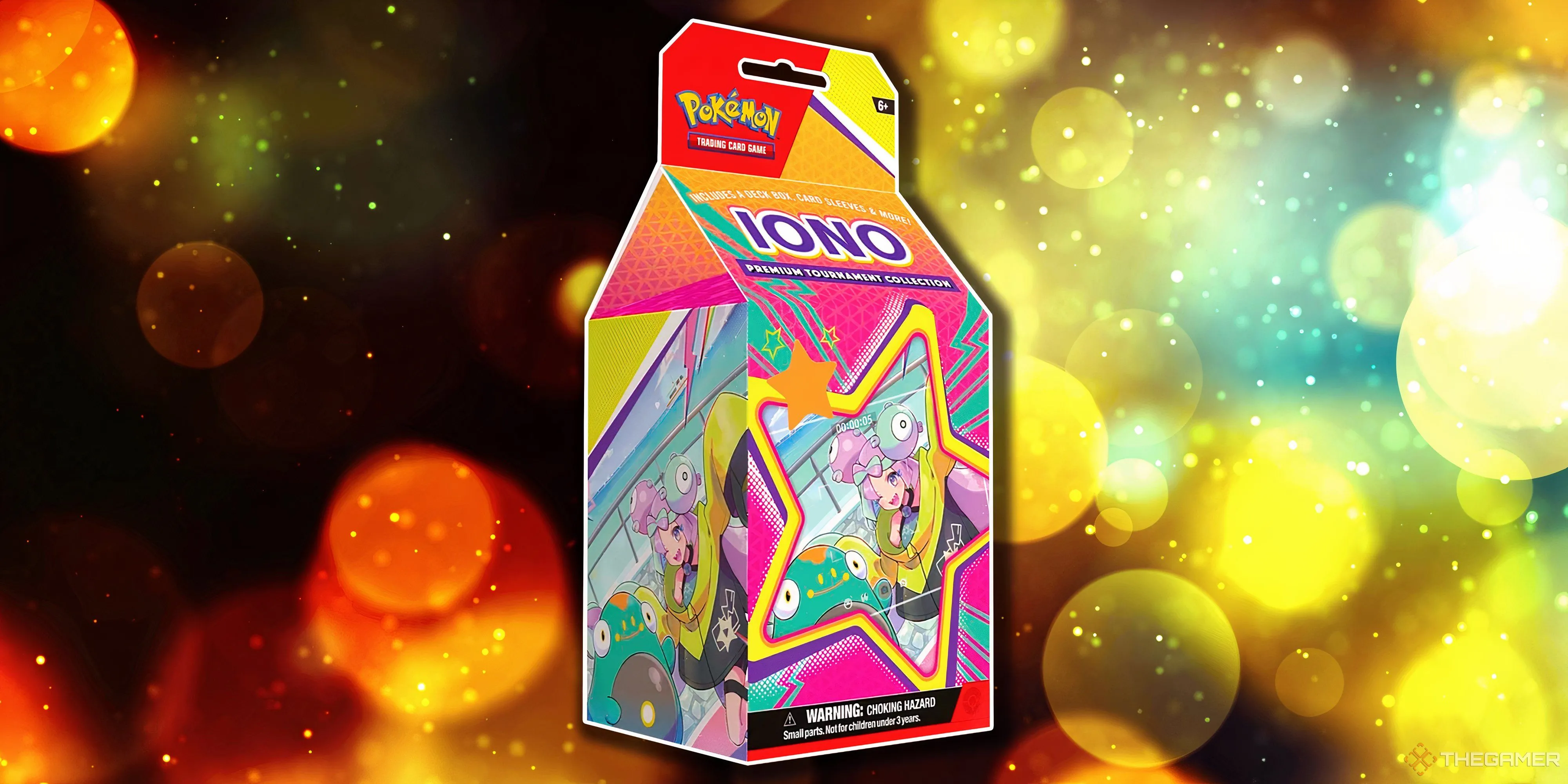 Hộp Premium Tournament Collection Iono với thiết kế ngôi sao rực rỡ, phản ánh năng lượng và sức hút của một streamer nổi tiếng vùng Paldea trong Pokémon TCG.
