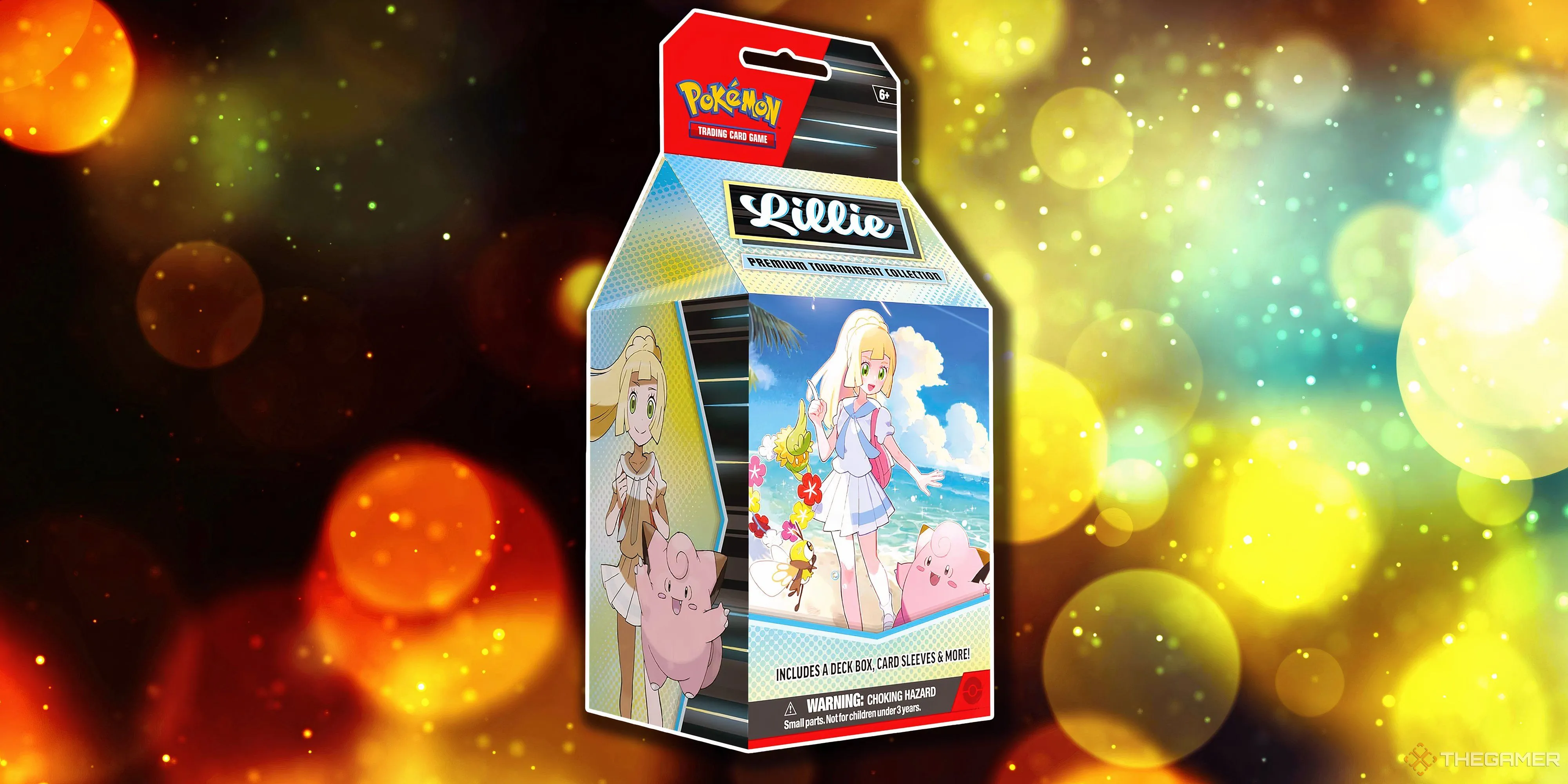 Hộp Premium Tournament Collection Lillie với hình ảnh cô gái trẻ biểu tượng của vùng Alola trong Pokémon TCG.