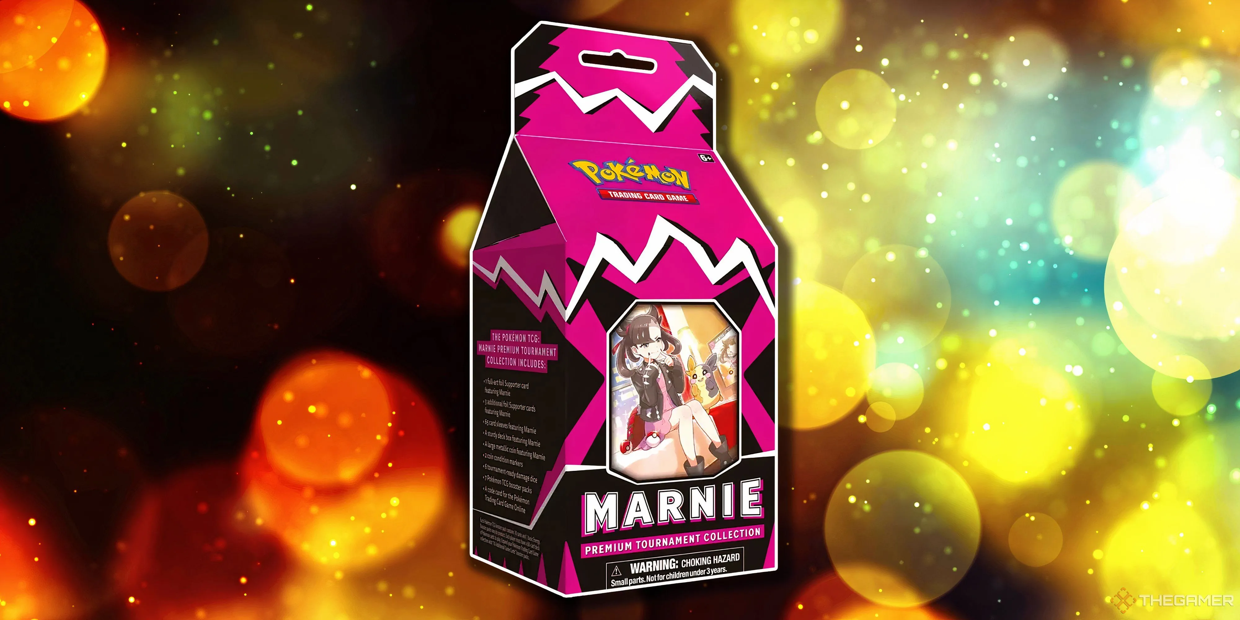 Hộp Premium Tournament Collection Marnie với tông màu tương phản nổi bật, thể hiện phong cách riêng biệt và sức ảnh hưởng mạnh mẽ của nhân vật trong Pokémon TCG.