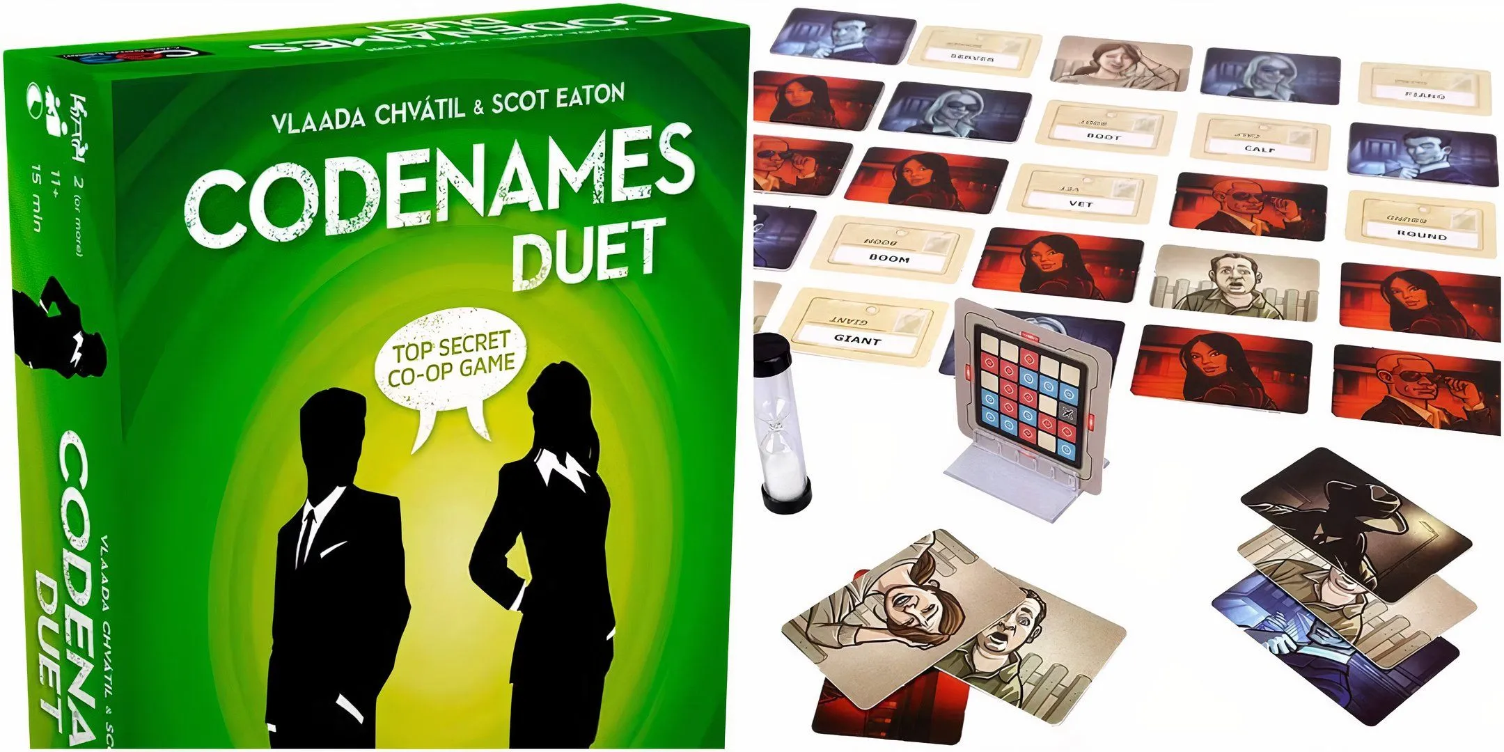 Hộp trò chơi Codenames với bảng mã và thẻ từ, biểu trưng cho nghệ thuật ra hiệu bằng một từ và tư duy liên kết ngôn ngữ trong chiến lược nhóm.