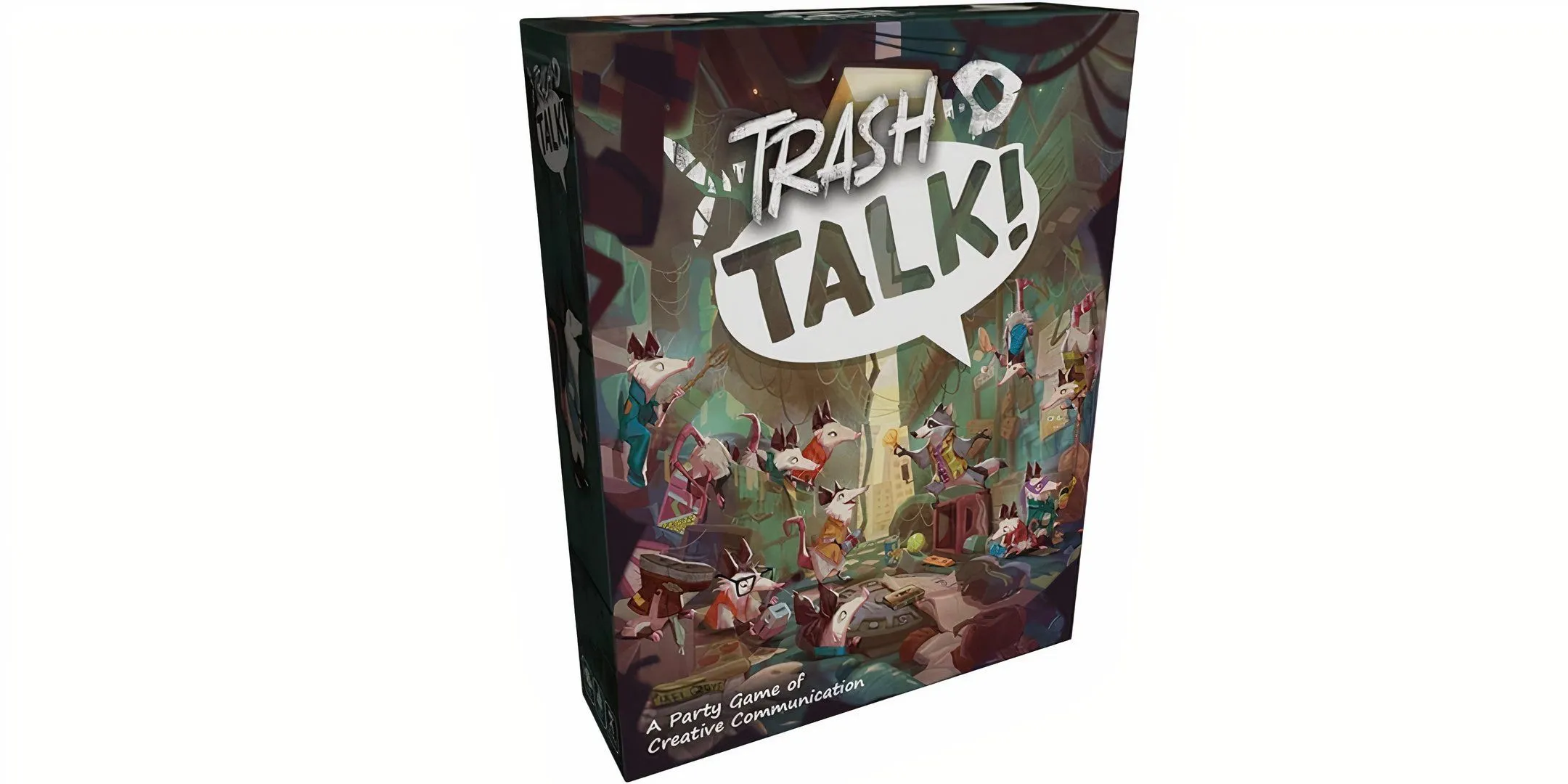 Hộp trò chơi Trash Talk với hình ảnh gấu mèo trong bãi rác, thể hiện sự vui nhộn và tính tương tác của việc gán ghép đối tượng với từ khóa thông qua tranh luận và hợp tác.