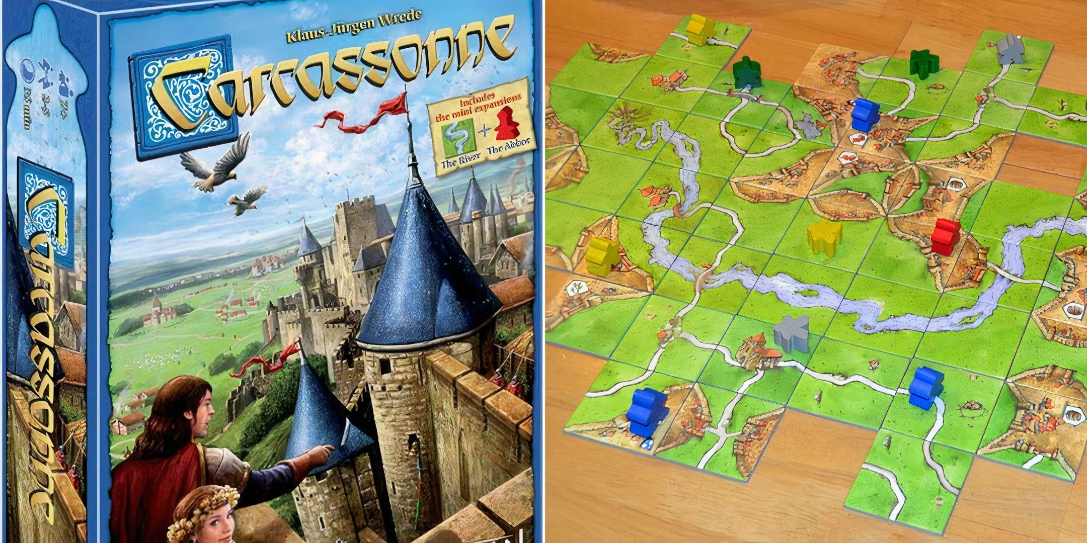 Hộp và các ô gạch của board game Carcassonne, minh họa lối chơi đặt gạch xây dựng thành phố và đường sá