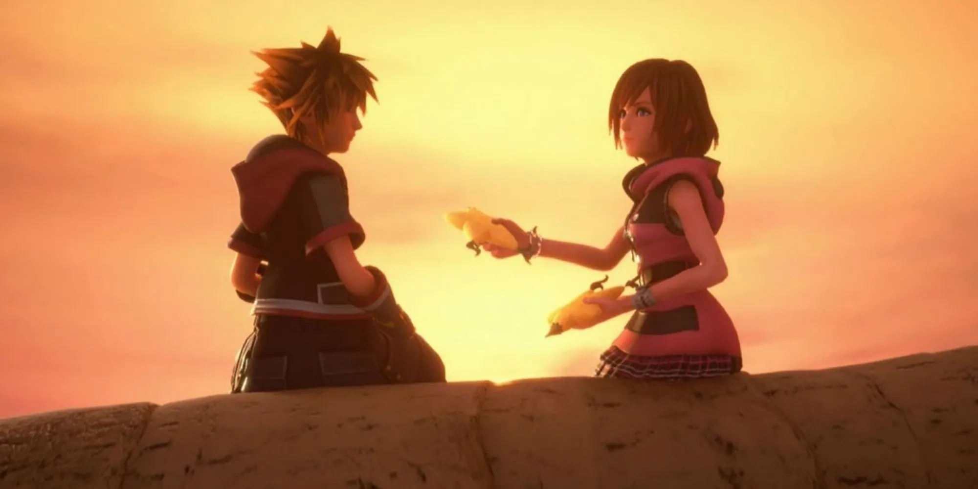 Kairi trao quả paopu cho Sora trong Kingdom Hearts 3, một biểu tượng của sự ràng buộc định mệnh trong tình yêu, nhưng lại thiếu tính thực tế và nỗ lực xây dựng mối quan hệ.