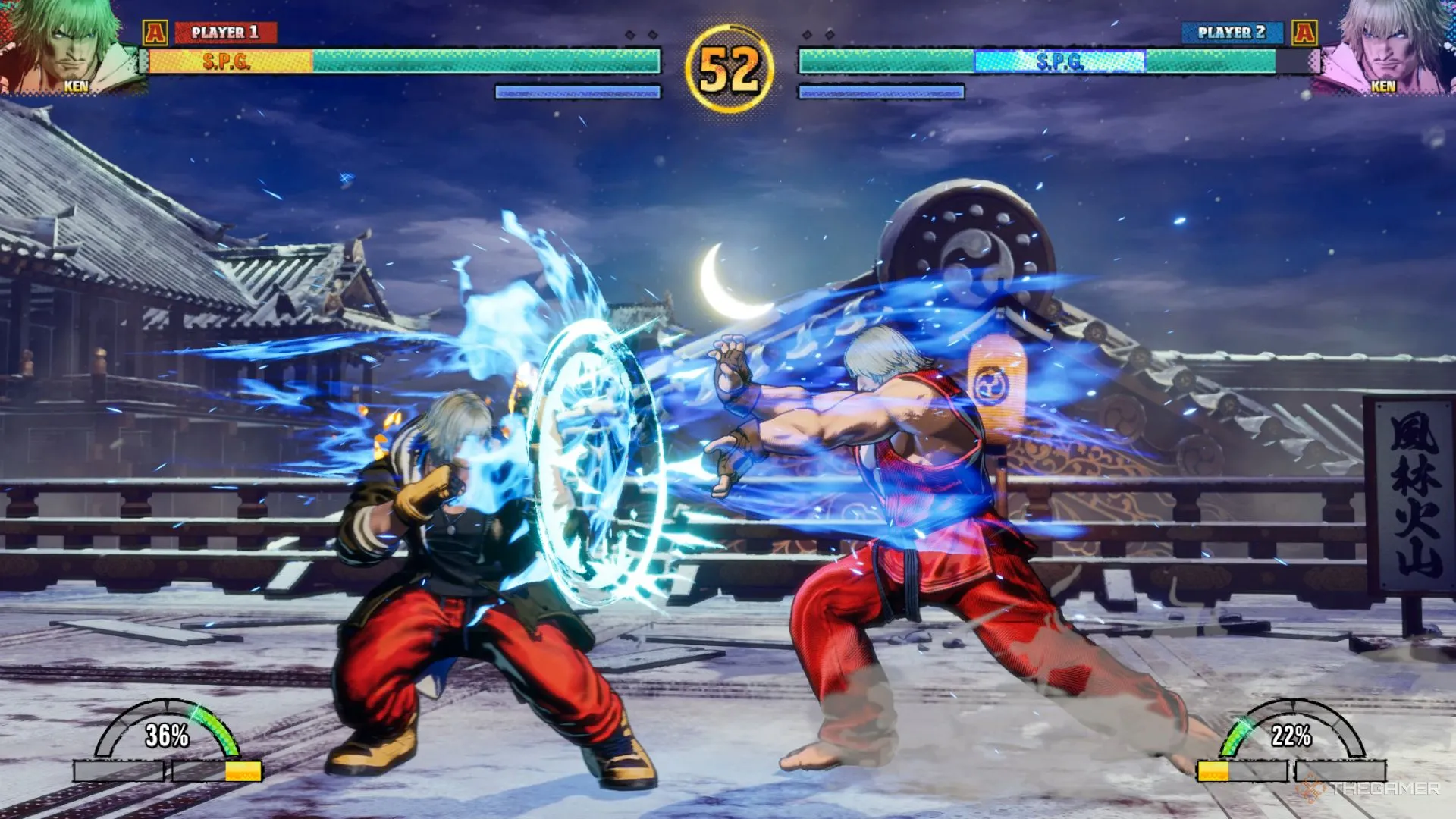 Ken Masters thực hiện chiêu Hadouken trong Fatal Fury: City of the Wolves, thể hiện lối chơi quen thuộc của nhân vật này trong game đối kháng.