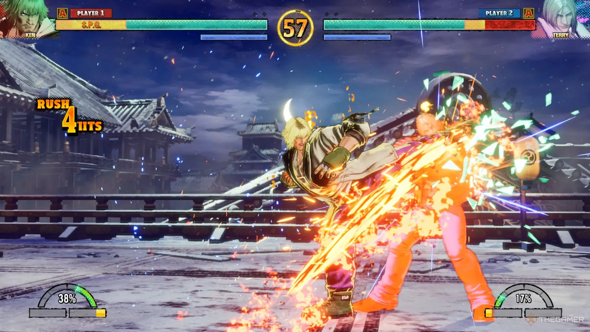 Ken Masters thực hiện Jinrai Kick, một trong những đòn thế đặc trưng của anh khi xuất hiện trong Fatal Fury: City of the Wolves.