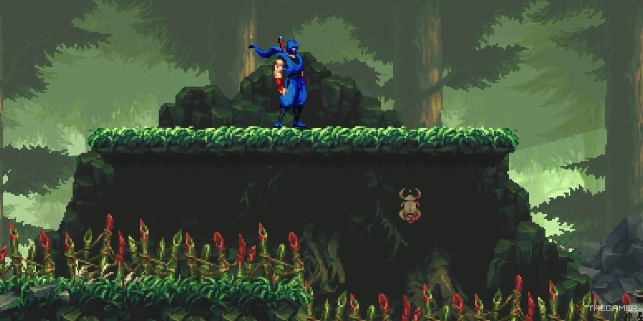 Kenji đứng cạnh Golden Scarab ánh vàng rực rỡ, minh họa cho việc thu thập vật phẩm quan trọng trong Ninja Gaiden: Ragebound.